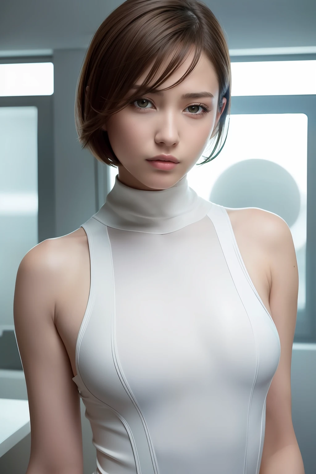 (RAW photo:1.2), (photorealistic:1.4),(masterpiece:1.3),(best quality:1.4),ultra high res,(detailed eyes),(detailed facial features),(detailed clothes features),HDR,8k resolution, solo focus, bangs, skin tight, (shiny skin),(slender girl),dreamlike,
(extreme detailed illustration),check commentary,commentary request,scenery,no text,
VirtualGirl-Rin, small breasts, bob hair, short hair, brown hair, brown eyes,
1girl, upper body,
White diving suit,
happy,smile,