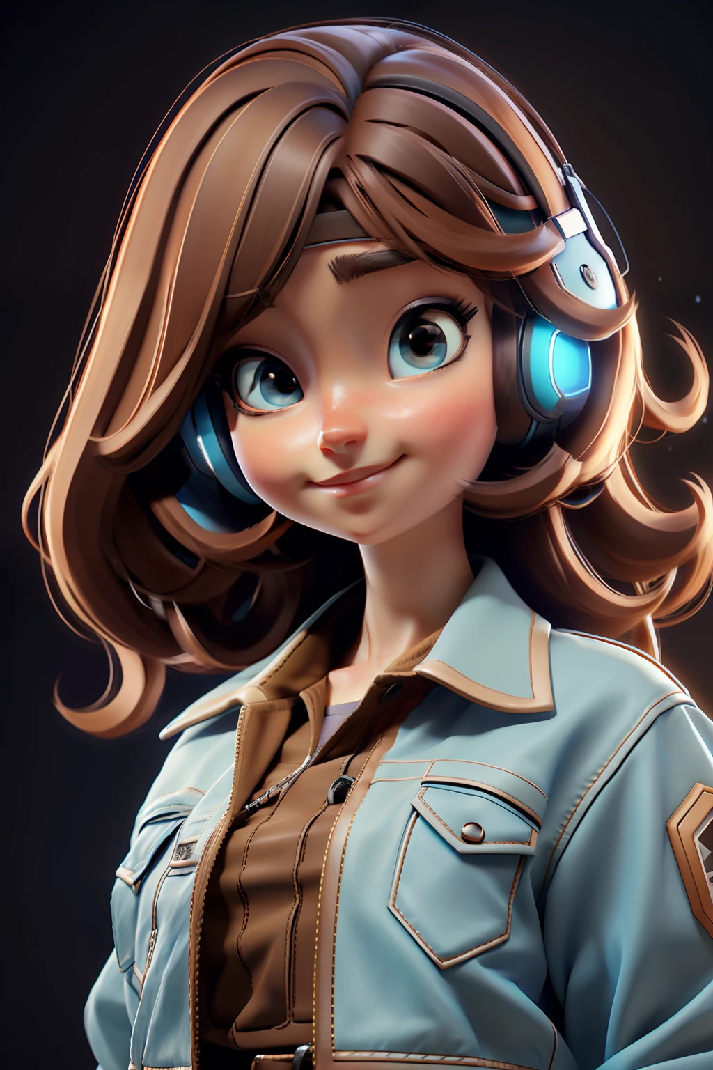 realistic anime style digital art of an 18 year old girl, bright light blue eyes, light brown hair, black skirt, bare legs, black polo shirt, brown leather jacket, looking up, 120 degree angle, using gamer headset, space scenery, floating in space, various other details, 16k ultra HD vivid colors masterpiece ultra cinematic resolution