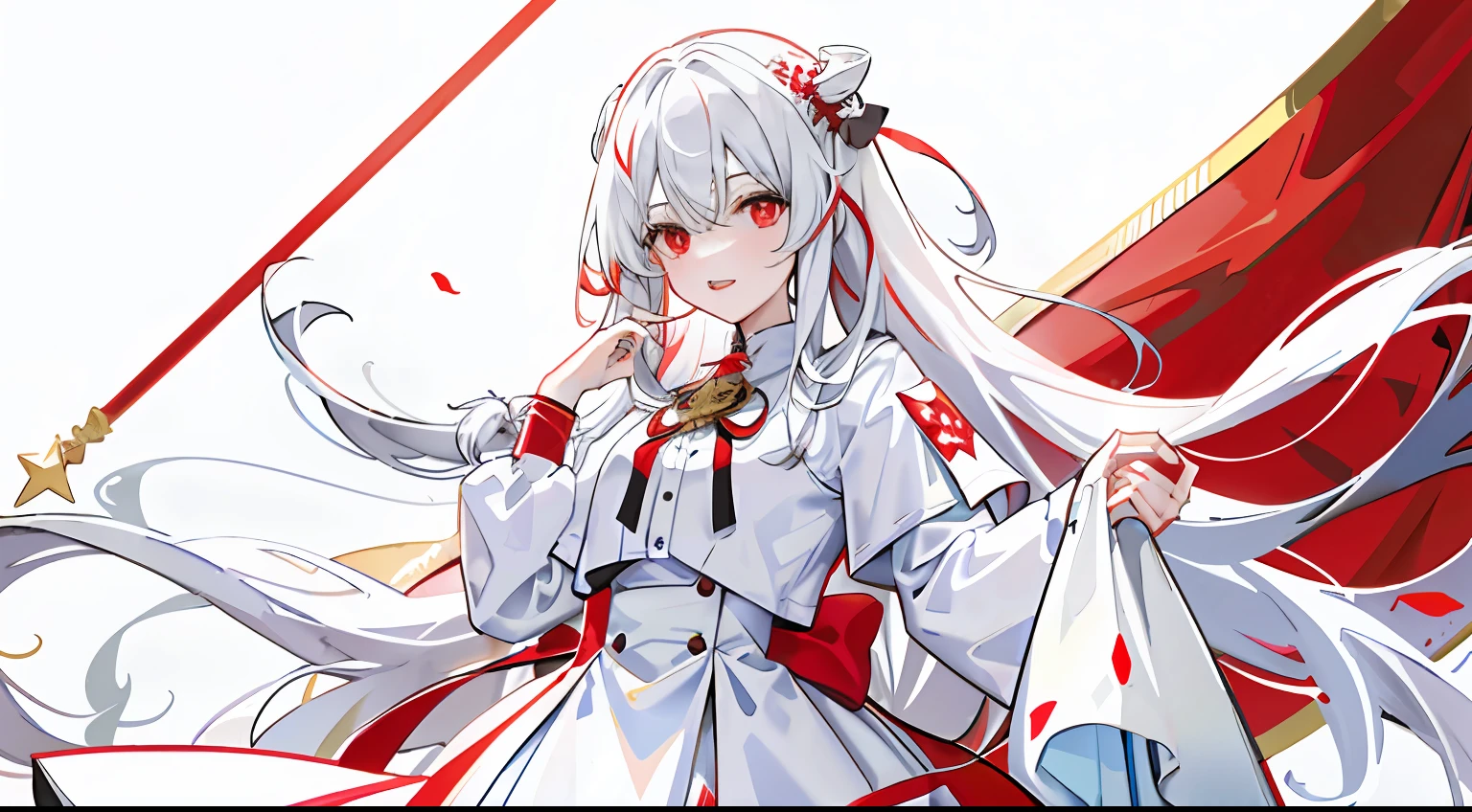1girll, Flag of Turkey,White pentagram decoration,White moon-shaped decoration,Red and white clothing,long white hair,Red eyes,Domineering,adolable
