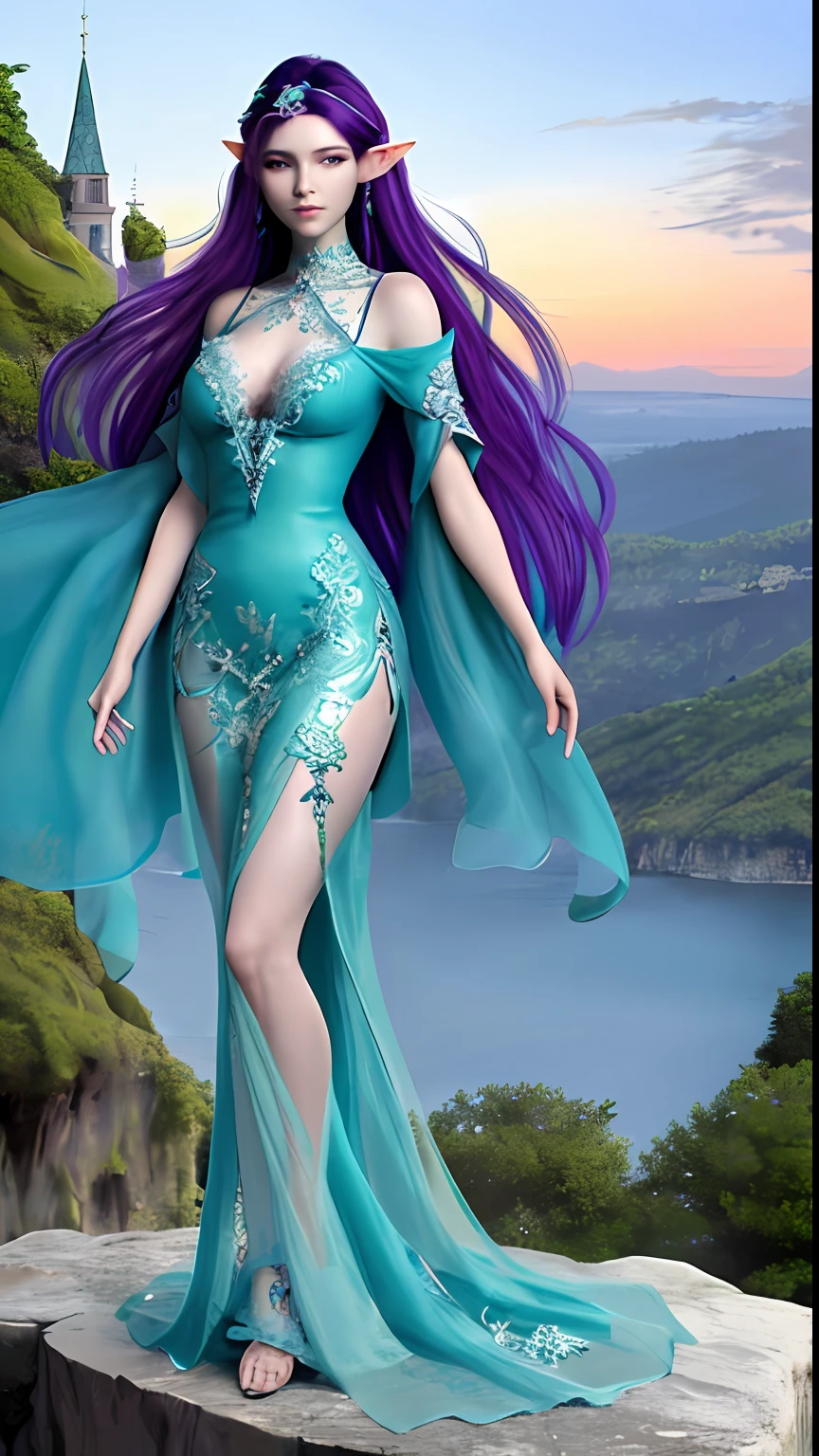 Elf in beautiful teal gown, hyper realistic perfect facial features, long dark purple hair, intricate lace filigree dress details standing on a cliff overlooking a beautiful elf village with intricate detailed buildings with goth filigree accents