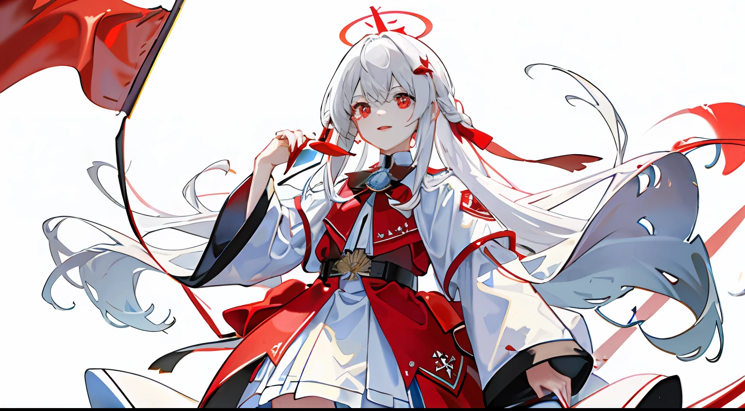 1girll, Flag of Turkey,White pentagram decoration,White moon-shaped decoration,Red and white clothing,long white hair,Red eyes,Domineering,adolable