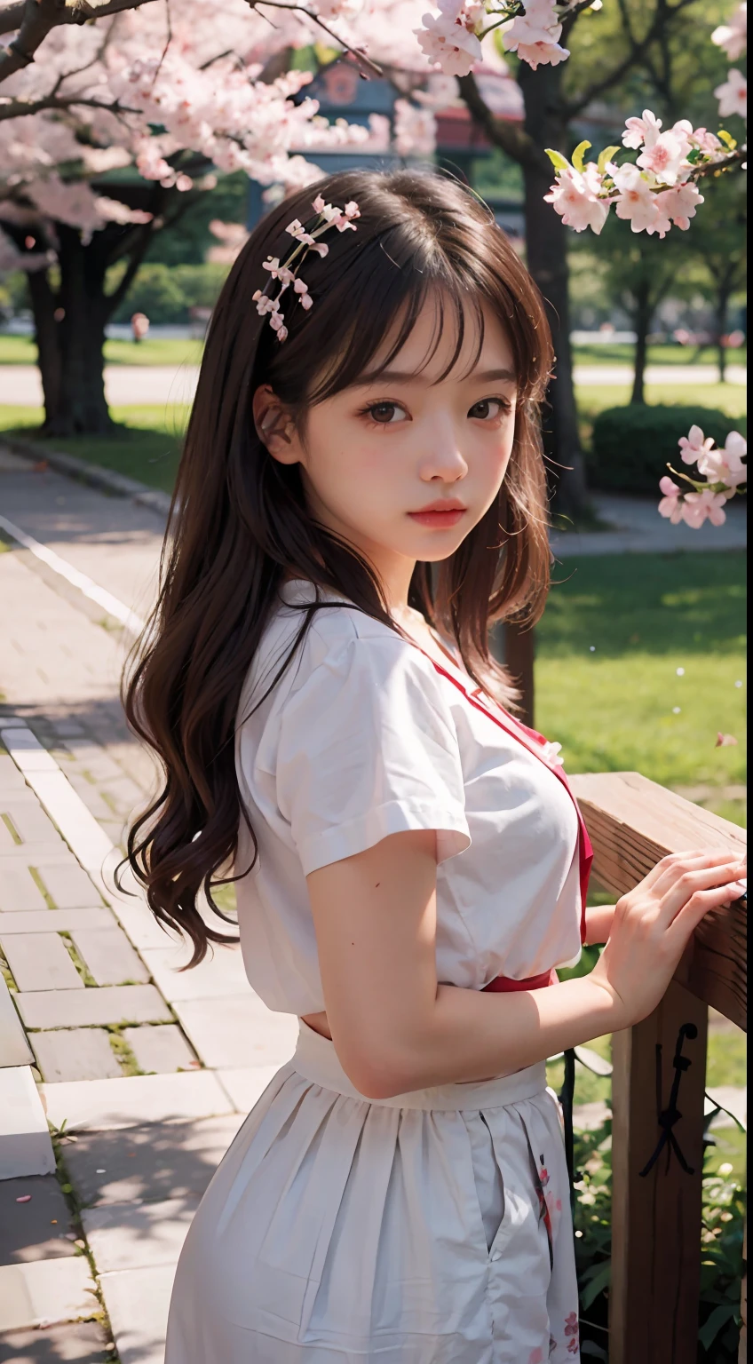 Masterpiece, A high resolution, Best quality, 1little girl, Young age,adolable,Solo, Breasts, view the viewer, 鎖骨, Medium breasts, official style, park, cherry blossom, Loli outfit
