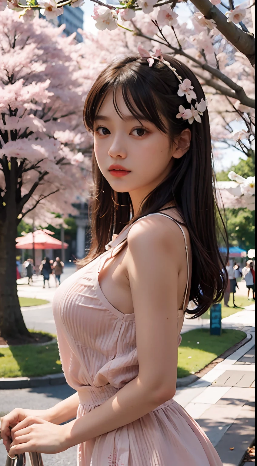 Masterpiece, A high resolution, Best quality, 1little girl, Young age，adolable，Solo, Breasts, view the viewer, 鎖骨, Medium breasts, official style, park, cherry blossom, Loli outfit