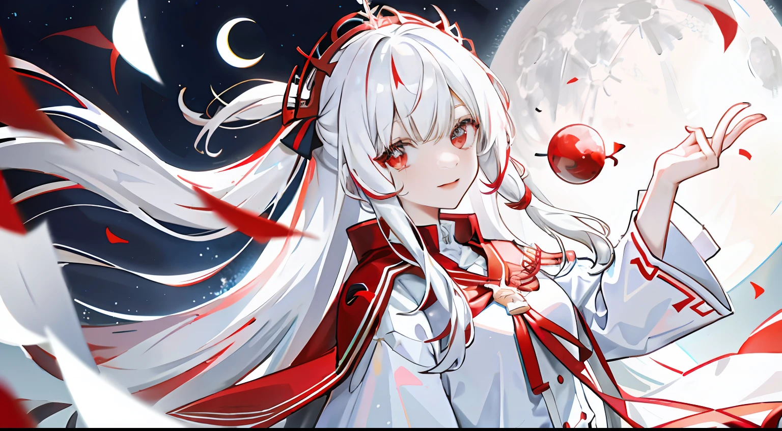 1girll, Flag of Turkey,White pentagram decoration,White moon-shaped decoration,Red and white clothing,long white hair,Red eyes,Domineering,adolable