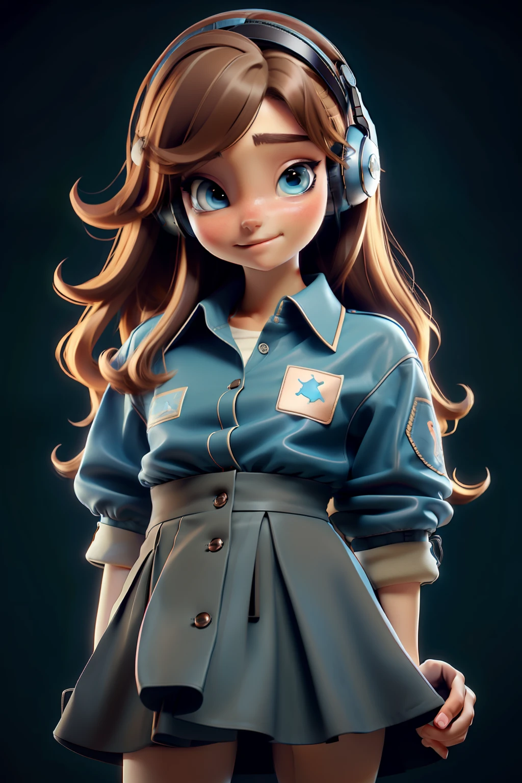 realistic anime style digital art of an 18 year old girl, bright light blue eyes, light brown hair, black skirt, bare legs, black polo shirt, brown leather jacket, looking up, 120 degree angle, using gamer headset, space scenery, floating in space, various other details, 16k ultra HD vivid colors masterpiece ultra cinematic resolution