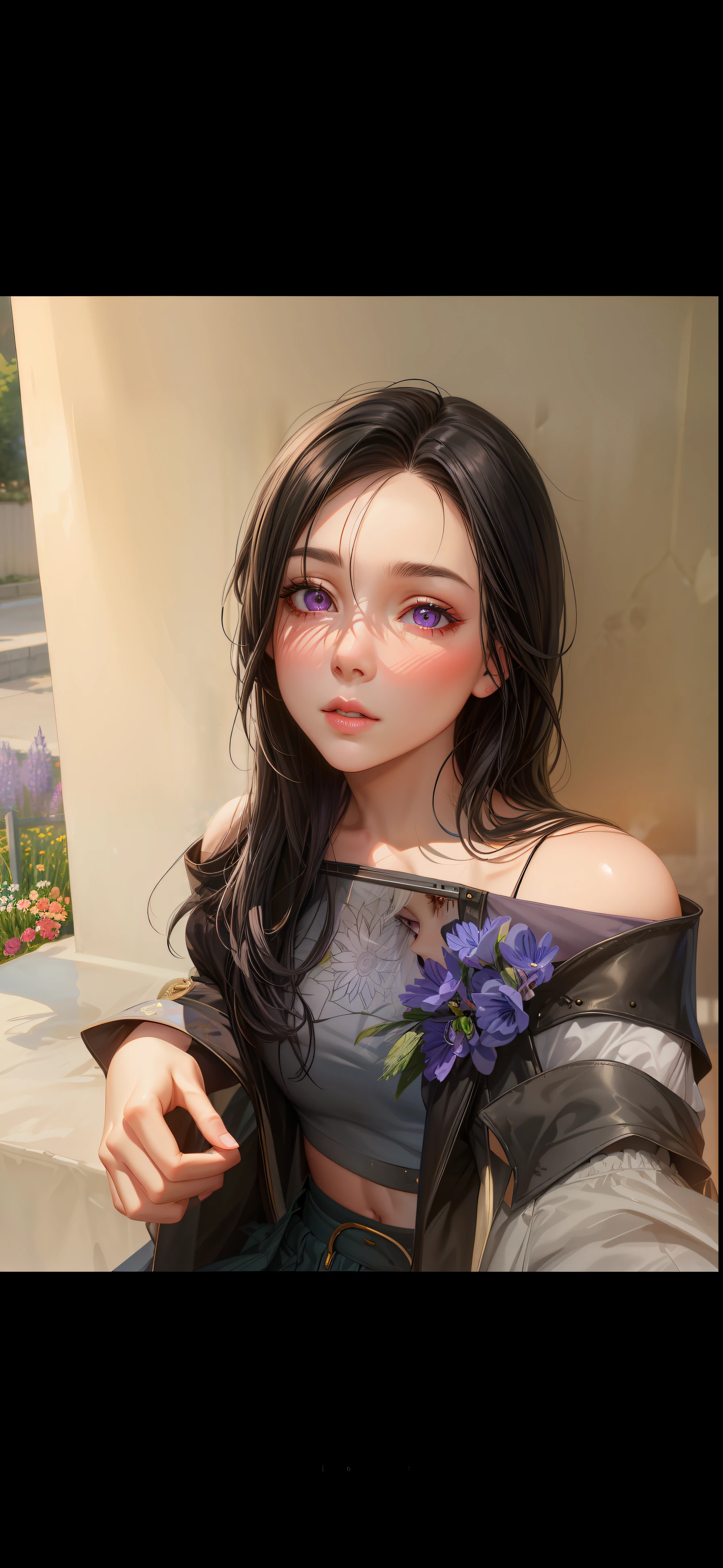 realistic, 1girl, white hair, purple eyes, glowing eyes, crop top, skirt, parted lips, blush, night, flowers, sun, sunlight,