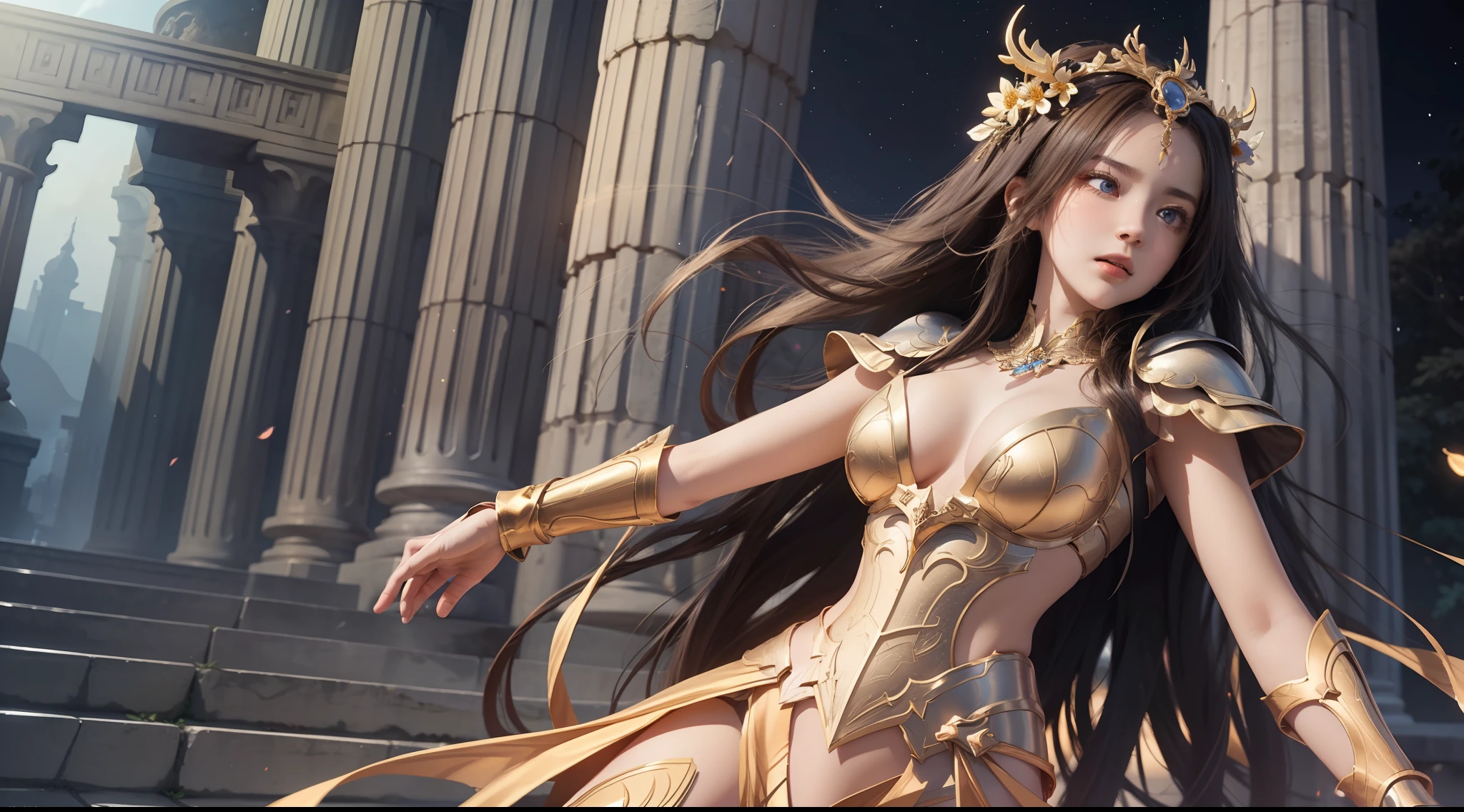 (Extremely detailed Cg Unity 8K wallpaper,Masterpiece, Best quality, Ultra-detailed, Beautiful detailed eyes:1.2),Best illumination, (Best shadow, An extremely delicate and beautiful, full bloom), 1girll,Solo,Large breasts,Heavy armor,complex patterns,Long hair,Film filter, Greek temple,dramatics,dynamicposes,illusory engine, (High detail: 1.9),Starcloud,the night,torchan,full body shot shot,dynamicposes,dramatics