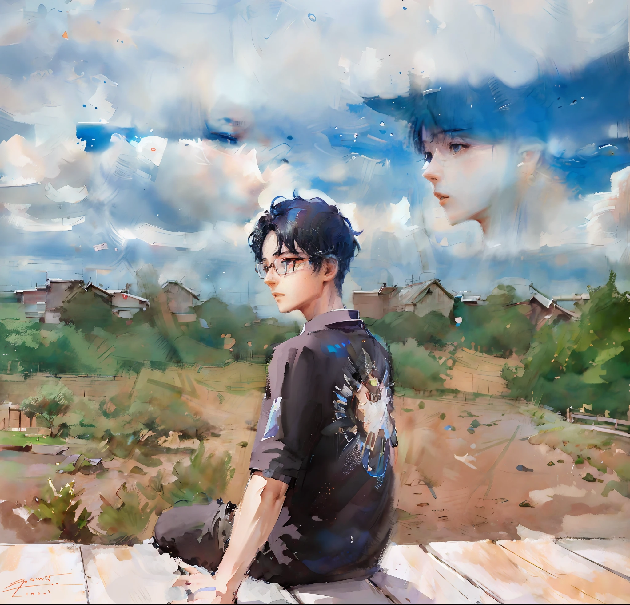 Anime boy with black hair and blue shirt looking at the camera, black hair wearing glasses, inspired by Cheng Yanjun, Guweiz style artwork, Guwitz, created by Cheng Yanjun, inspired by Bian Shoumin, drawn in Anime Painter Studio, anime realism style, Cheng Yanjun, produced with Anime Painter Studio, Cai Xukun, inspired by Han Yonghao