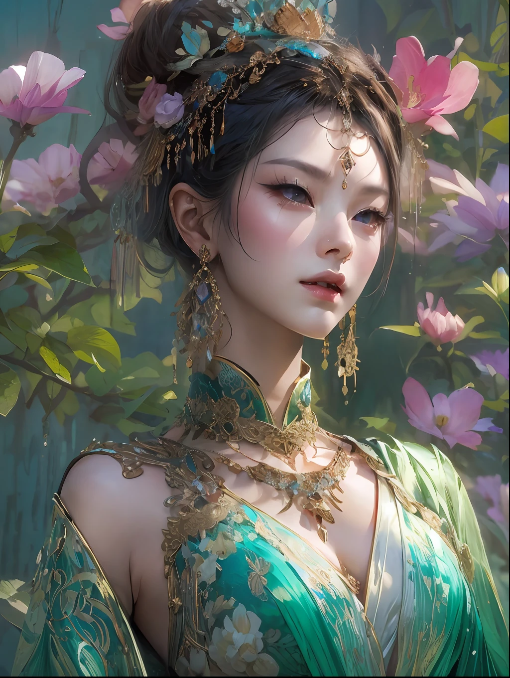 HighestQuali，tmasterpiece：1.2，Detailed details，4K，fairy woman with 4 size chest, with hairstyles and flowers, in the style of influenced by ancient chinese art, subtle realism, he jiaying, dark white and dark aquamarine, Elaborate costumes, Beautiful, with golden brown, purpleish color, dimpled chest, multilayered realism