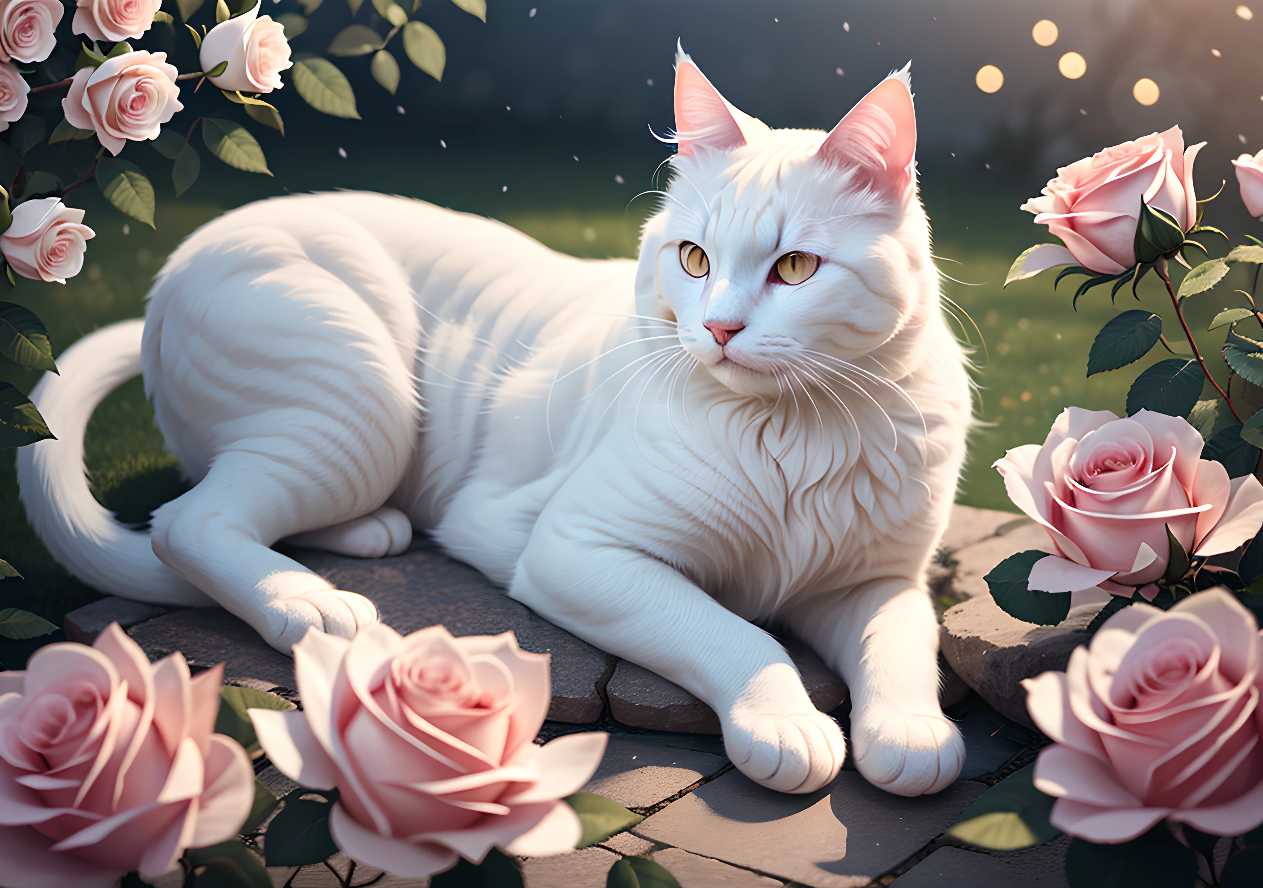 a stunningly detailed masterpiece depicting a realistic fluffy white cat amidst a peaceful scene of blooming roses, enhanced by delicate light bloom, bokeh, and the mesmerizing effects of Ray Tracing