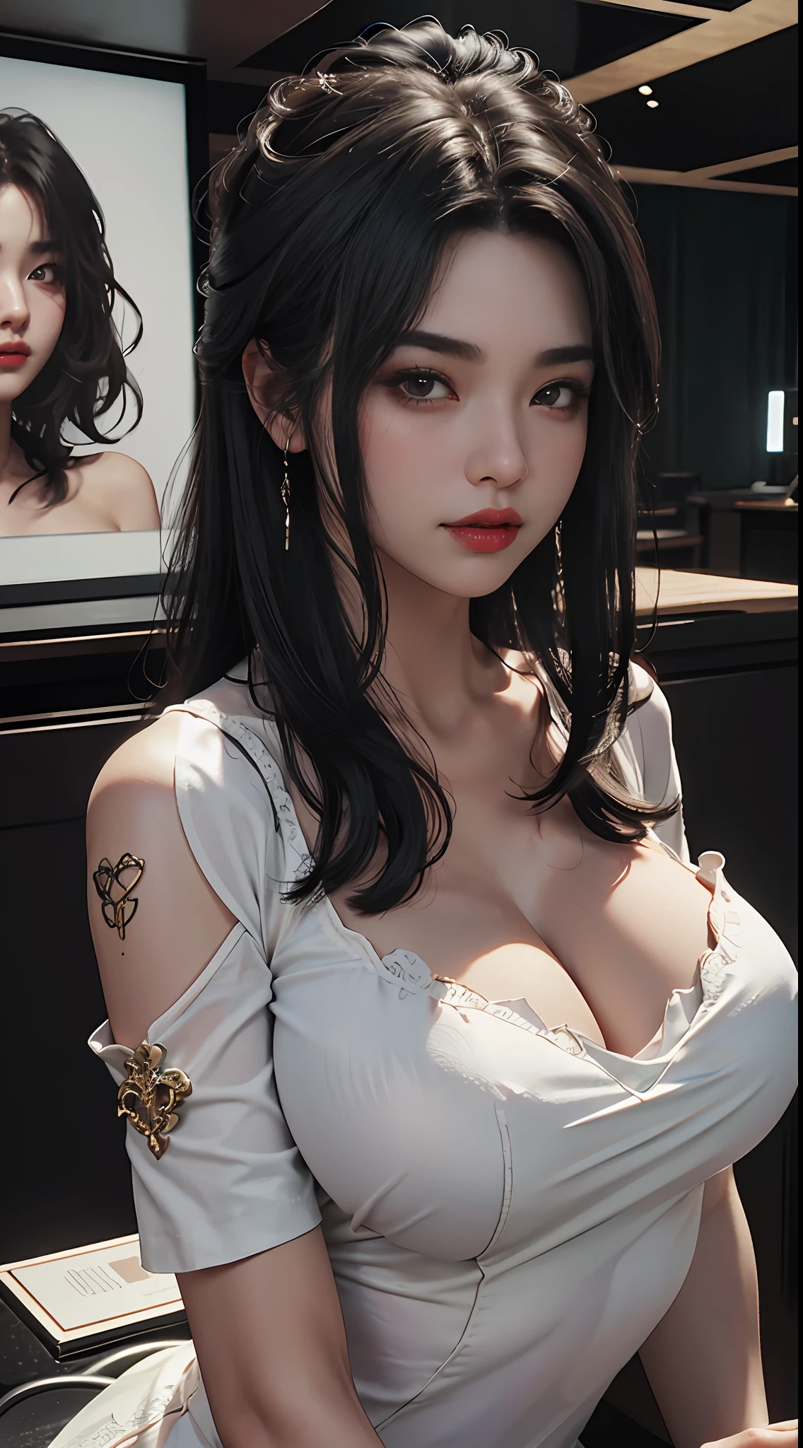 Highest image quality,Outstanding details,超高分辨率,(Fidelity:1.4),The best illustration,Favor the details,closeup cleavage,A age girl,Beautuful Women,((Full-figured:1.8)),(Bigchest:1.2),Raised sexy,cleavage,huge tit,Breast-huge,Bulging chest,low chest,deep v big breasts,shift dresses,Redlip,ssmile,Perfect detail rendering,rendering by octane,hyper HD