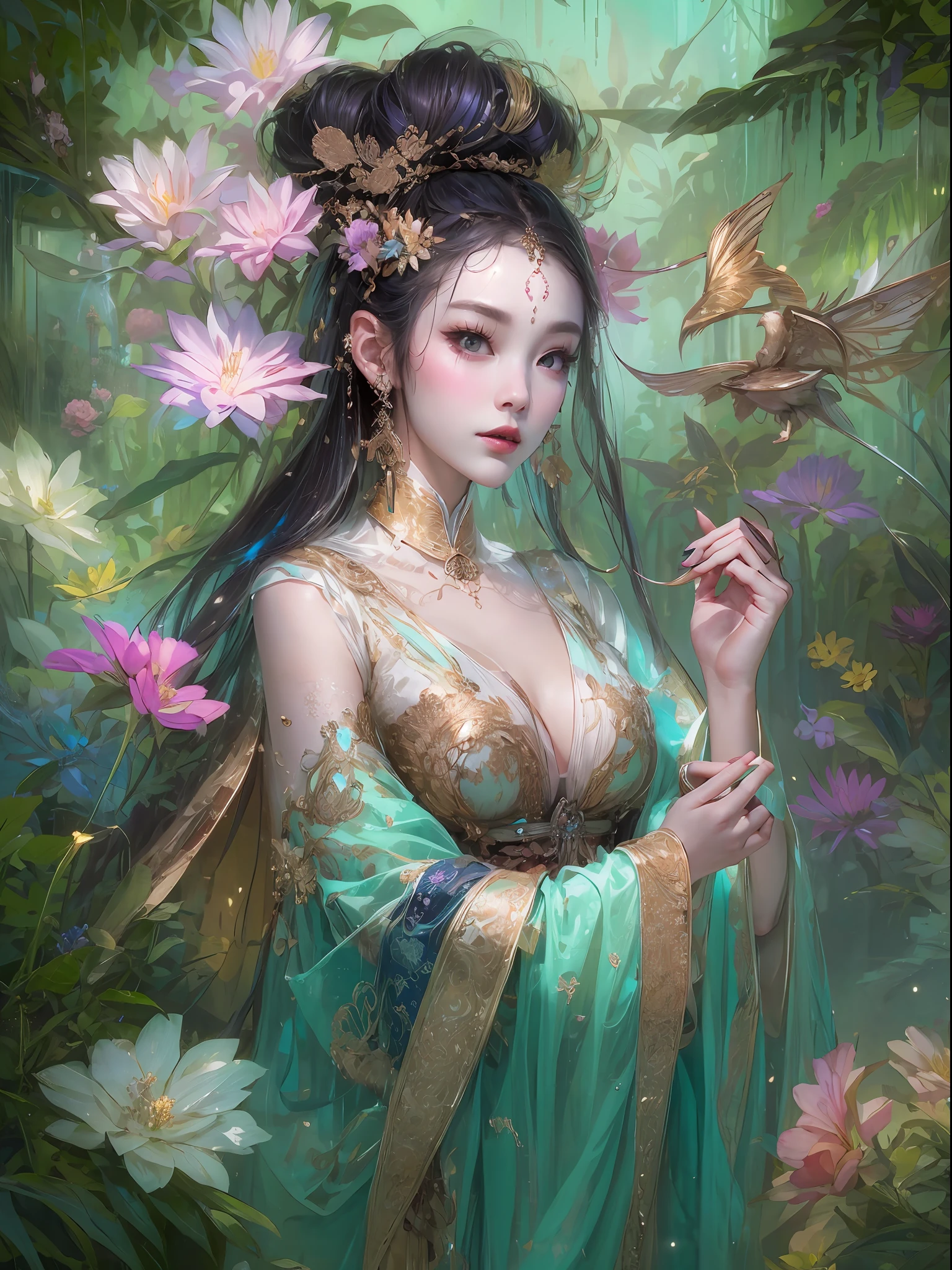 HighestQuali,tmasterpiece:1.2,Detailed details,4K,fairy woman with 4 size chest, with hairstyles and flowers, in the style of influenced by ancient chinese art, subtle realism, he jiaying, dark white and dark aquamarine, Elaborate costumes, Beautiful, with golden brown, purpleish color, dimpled chest, multilayered realism