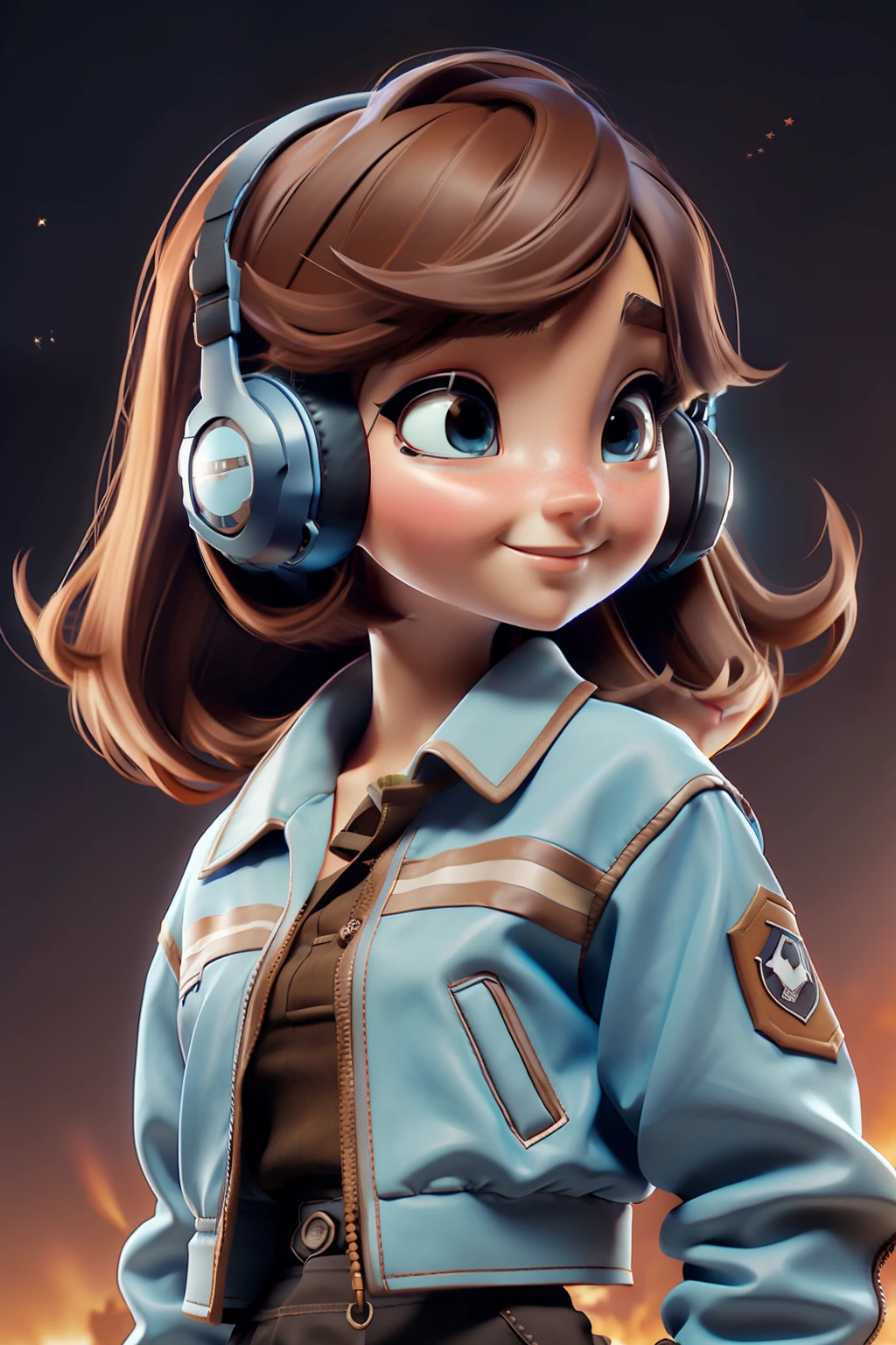 realistic anime style digital art of an 18 year old girl, bright light blue eyes, light brown hair, black skirt, bare legs, black polo shirt, brown leather jacket, looking up, 120 degree angle, using gamer headset, space scenery, floating in space, various other details, 16k ultra HD vivid colors masterpiece ultra cinematic resolution