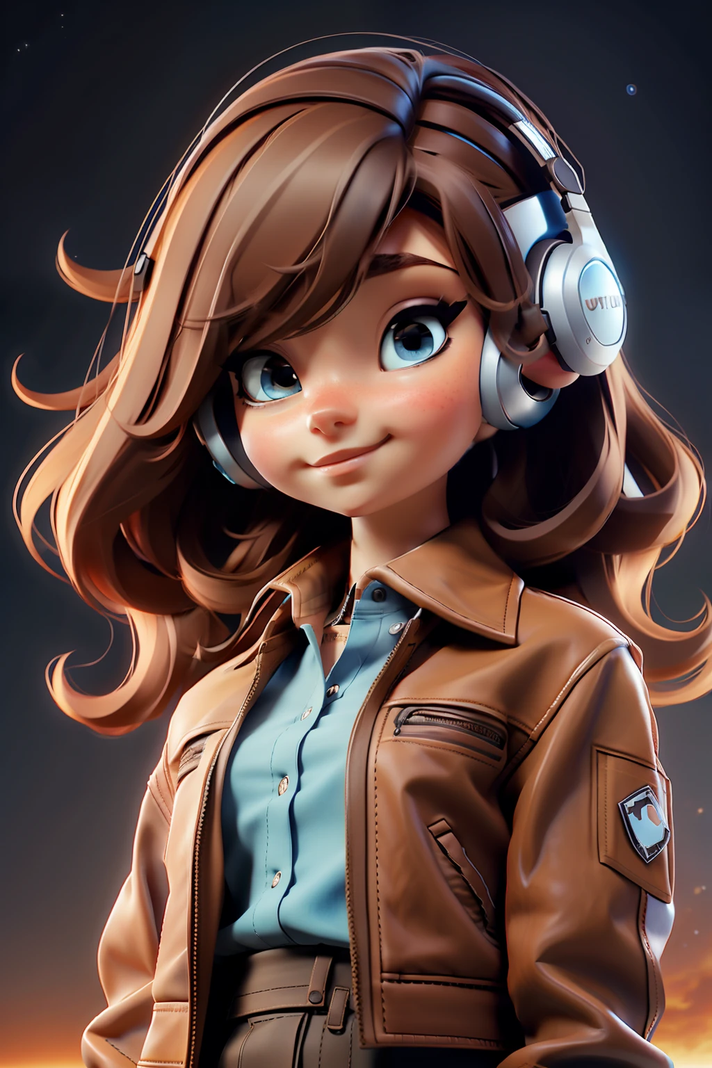 realistic anime style digital art of an 18 year old girl, bright light blue eyes, light brown hair, black skirt, bare legs, black polo shirt, brown leather jacket, looking up, 120 degree angle, using gamer headset, space scenery, floating in space, various other details, 16k ultra HD vivid colors masterpiece ultra cinematic resolution