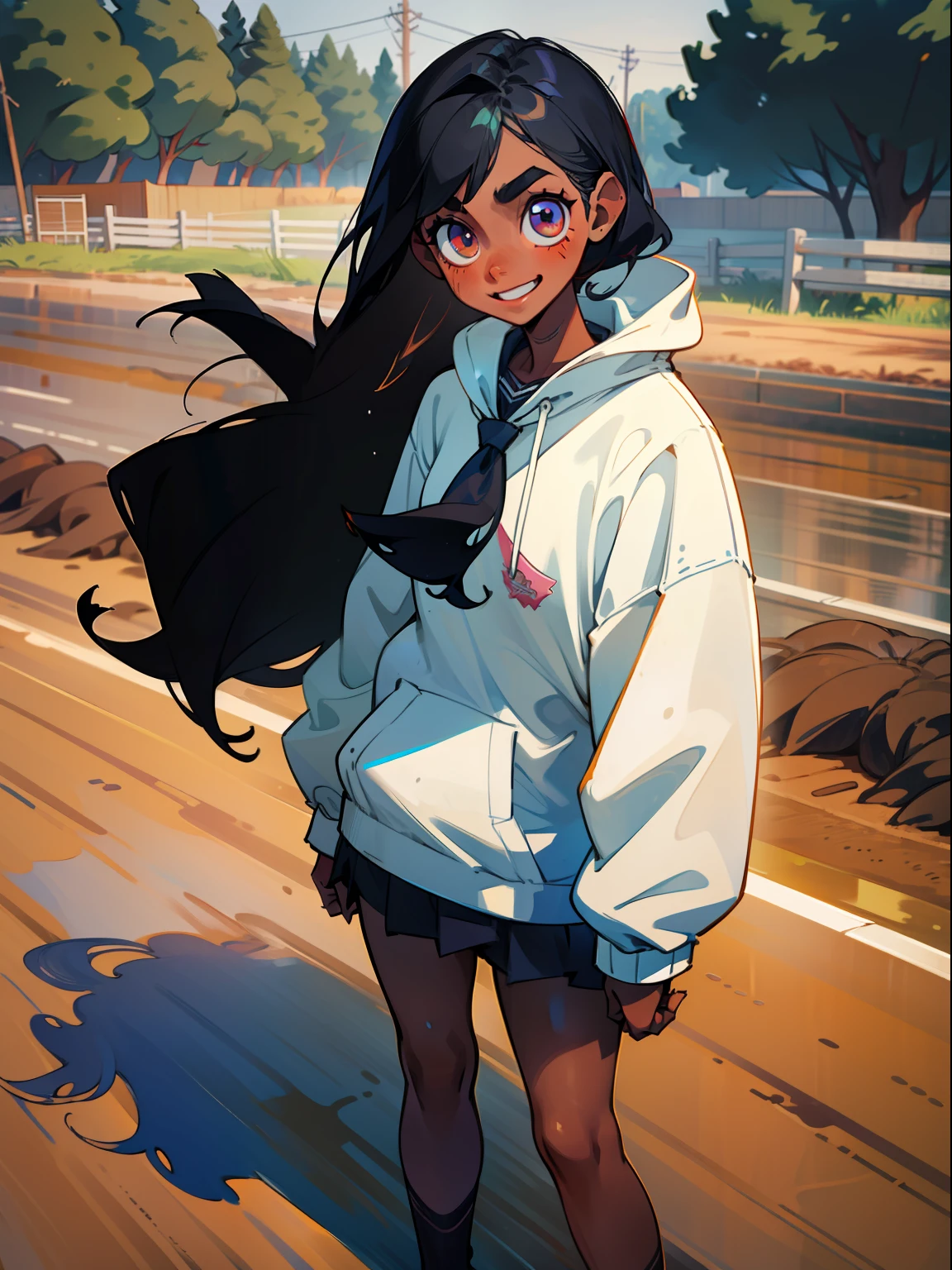 two women, first girl smiling, second girl scared, pretty face, pretty body, 1 fair skin, 1 dark skin, different eyes, nose, ear, eyebrow, big straight hair, school clothes, wet clothes, thin waist, thick legs , coxa grande, backdrop, wet dirt road, ground, interior, beautiful day, lighting