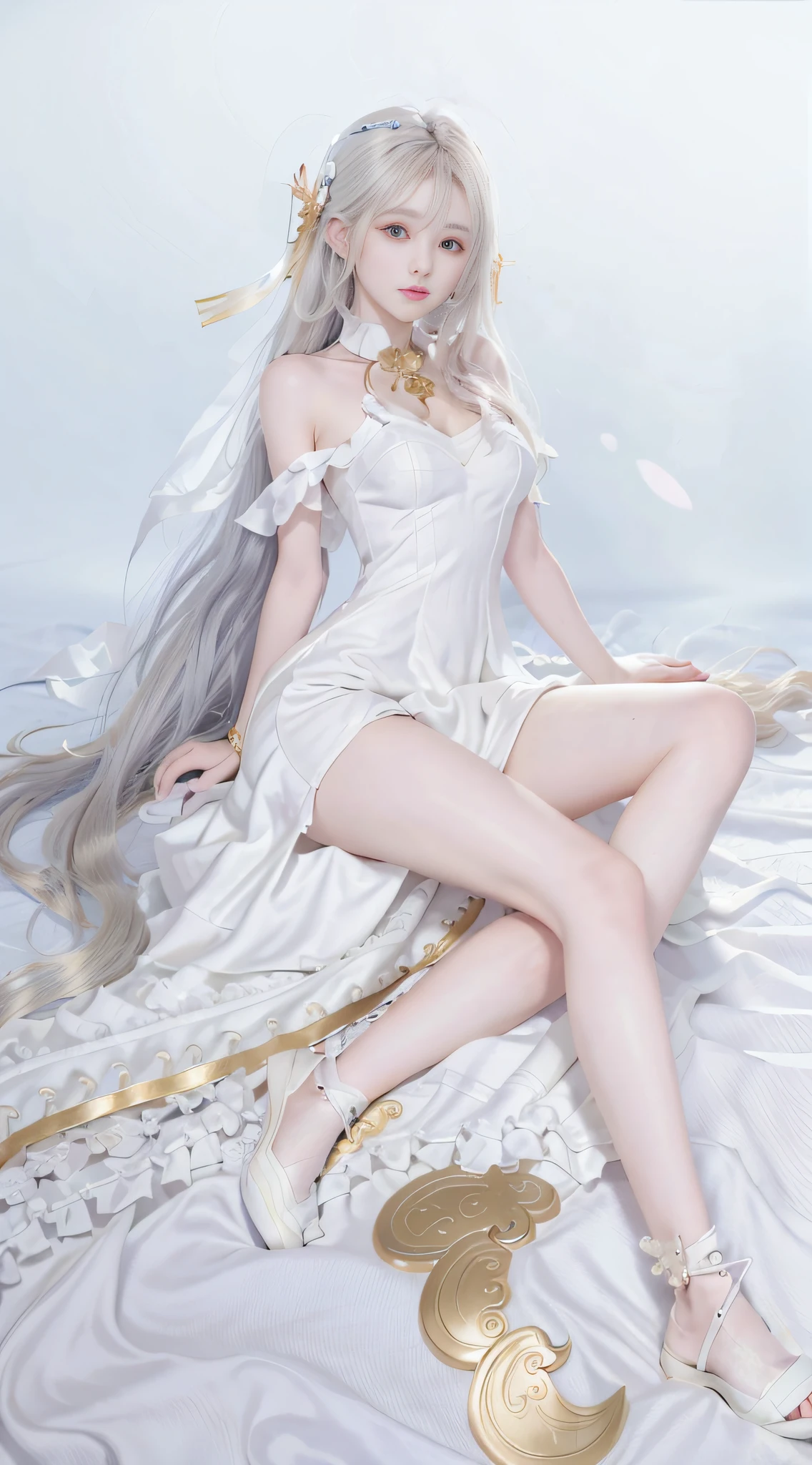 closeup on face, Face shot, (White dress :1.7), short  miko skirt, Long streamers, blonde hairs, golden hair, (Pointed ears: 1.5), (Gold pattern quality:1.3), female pubic hair, with long blond hair, Off-the-Shoulders, Top detail CG quality 4K wallpaper, Master, A Masterpiece, portraits, The middle, Watch the footage, Beautiful Chinese-Korean mixed race idol, ((Super fine face, detailed description of facial features)), Lip biting makeup, Sweet smile, Perfect facial features, Model figure, Good complexion, the trees, branches, Golden meadow, stream, Golden leaves, Evening, Twilight, The setting sun, Twilight, autumn, twin braids, hair strand, diagonal bangs, hair ribbon, hair ornament, forehead jewel, jeweled branch of hourai, crescent hair ornament, fish hair ornament, hime cut, low ponytail, realism, god rays, sparkle, cinematic lighting, lens flare, UHD, high details, high quality, highres, best quality, 8k, 16k, high details, high quality, super detail, anatomically correct, masterpiece, ccurate