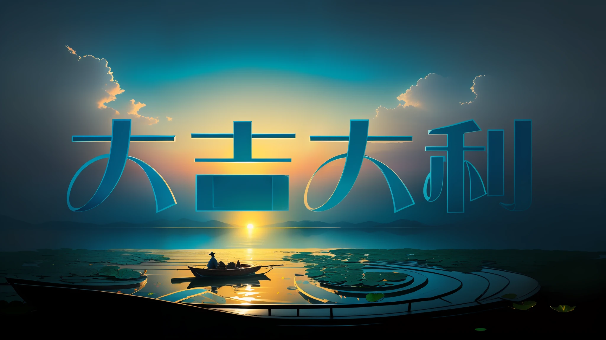 A masterpiece, exquisite. Deep in the lotus pond (colorful, vivid, sunshine, cool light: 1.2) there are many lotus leaves in the pond. At night, a small boat crosses the middle.