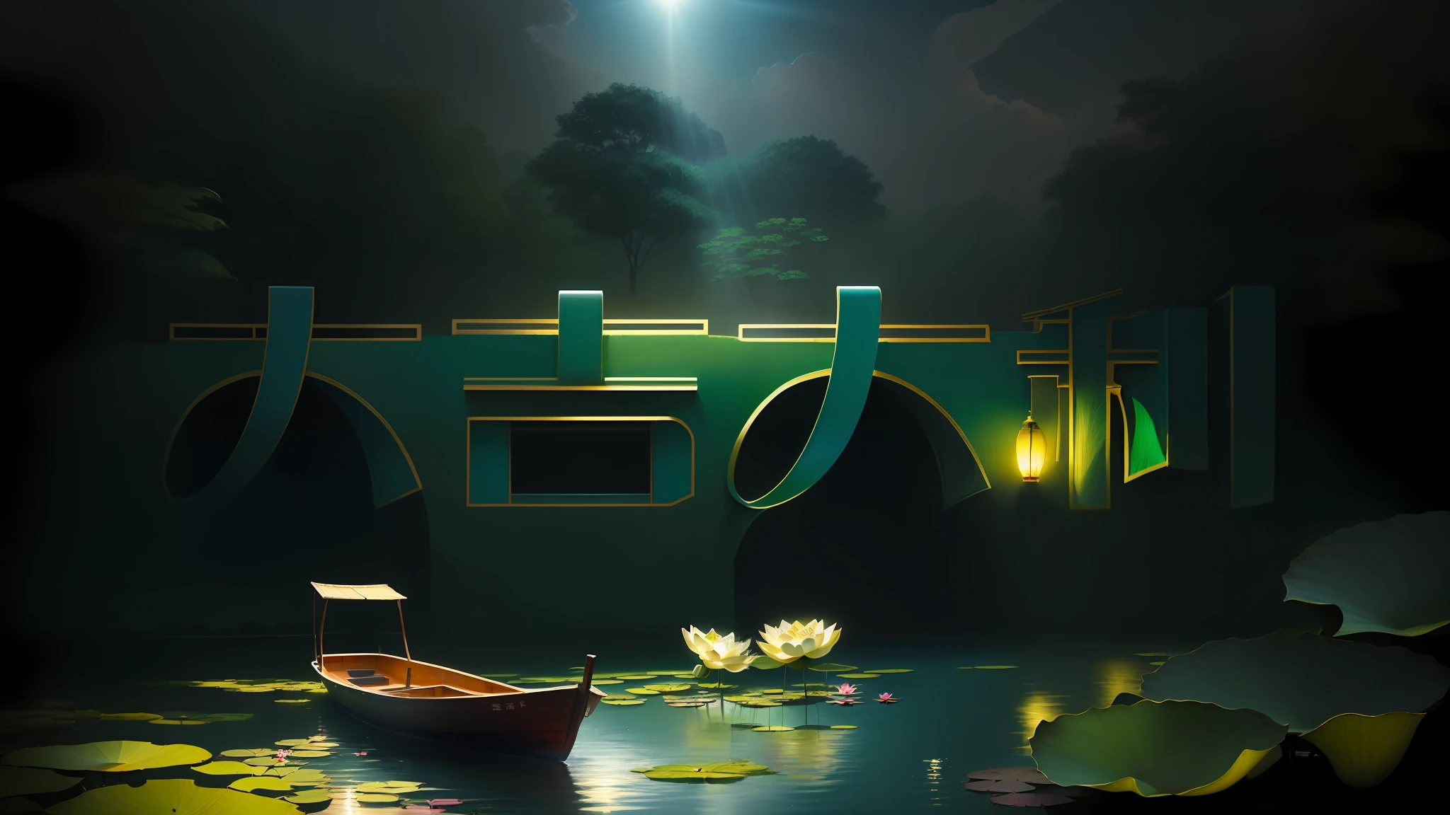 A masterpiece, exquisite. Deep in the lotus pond (colorful, vivid, sunshine, cool light: 1.2) there are many lotus leaves in the pond. At night, a small boat crosses the middle.