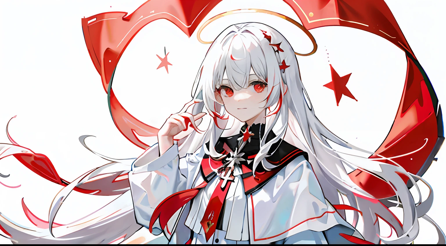 1girll, Flag of Turkey,White pentagram decoration,White moon-shaped decoration,Red and white clothing,long white hair,Red eyes,Domineering,adolable