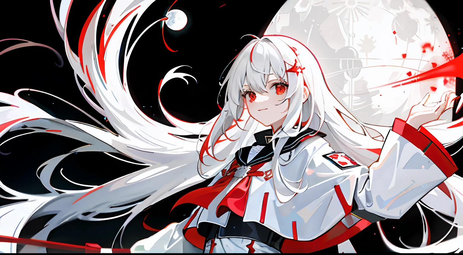 1girll, Flag of Turkey，White pentagram decoration，White moon-shaped decoration，Red and white clothing，long  white hair，Red eyes，Domineering，adolable