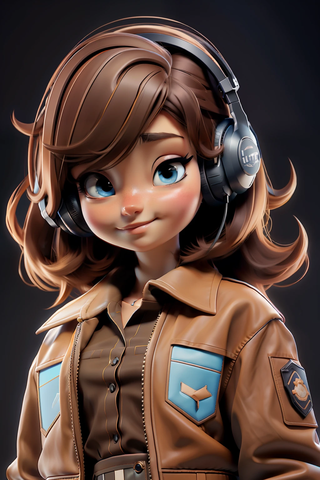 realistic anime style digital art of an 18 year old girl, bright light blue eyes, light brown hair, black skirt, bare legs, black polo shirt, brown leather jacket, looking up, 120 degree angle, using gamer headset, space scenery, floating in space, various other details, 16k ultra HD vivid colors masterpiece ultra cinematic resolution