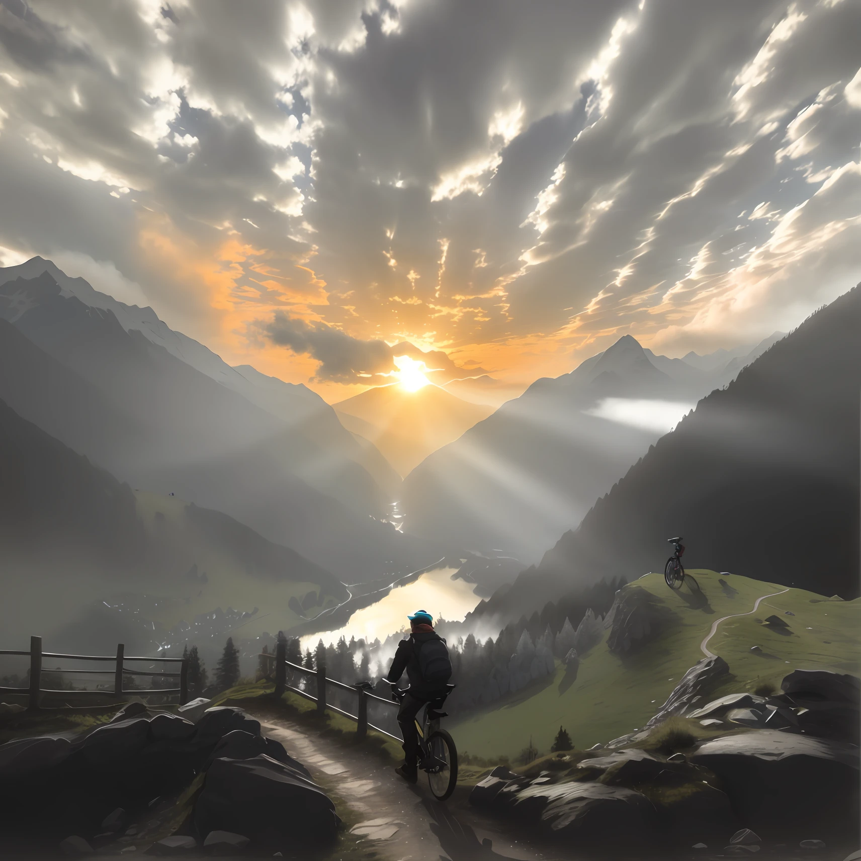 there is a man riding a bike on a dirt trail, sunset in a valley, epic sunrise, switzerland, A mystical environment, author:Karl Stover-Bern, author:Otto Meyer-Armden, inspired by Thomas Häfner, author:Wolfgang Zelmer, heaven on earth, epic stunning atmosphere, beautiful image ever created, epic scenic shot, in the swiss alps