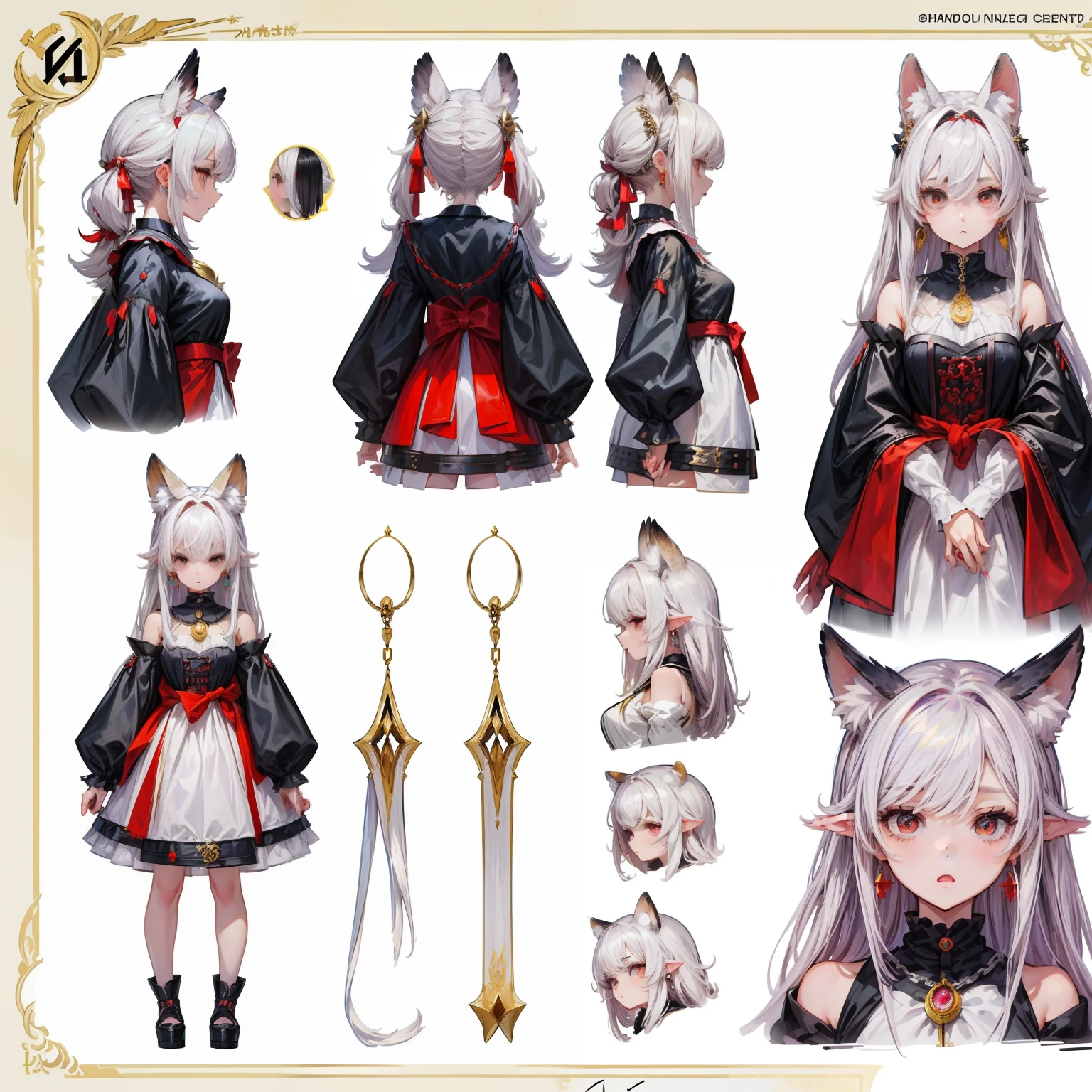 (((masterpiece))),(((best quality))),((character design sheet, character design sheet, character concept sheet, character design, character concept, character reference sheet, same character, same design, front, back, side, close up, full body, multiple expressions)), illustration, 1 girl, owl kemonomimi, owl girl, feather ears, long hair, spikey long hair, one fang, oval eyes, long flowing sleeves, dress, drooping sleeves, white hair, red highlights in hair, painted nails, jewelry on dress, earrings on feathered ears, chains on the dress, shackles on wrist, anime girl, no regular ears, only feathered ears