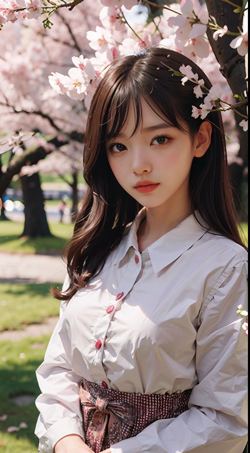 Masterpiece, A high resolution, Best quality, 1little girl, Young age,adolable,Solo, Breasts, view the viewer, 鎖骨, Medium breasts, official style, park, cherry blossom, outfit