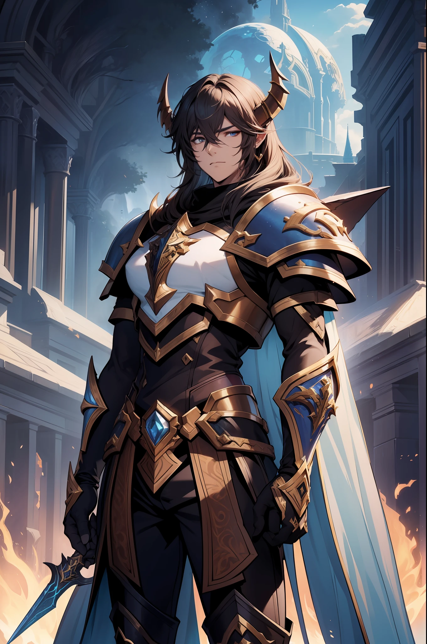 title: Sandalphon's imposing presence (Granblue Fantasy encontra Warcraft) description: In this illustration, quero retratar Sandalphon, the powerful male paladin 1st class of Granblue Fantasy, em um estilo de vestimenta semelhante ao universo de Warcraft. He is an anime character with short, brown hair, olhos avermelhados penetrantes e usa uma armadura inspirada no estilo visual de Warcraft. A cena se passa em um ambiente de alta fantasia, with an active volcano emitting flames and smoke in the background. Towering Rocky Mountains complete the scenery, highlighting Sandalphon's strength and courage. Com foco total no protagonista masculino, a imagem deve mostrar Sandalphon preenchendo o quadro, em uma pose de destaque e poder. He's a grown warrior, with strong masculine features and a determined facial expression. Para o estilo da arte, get inspired by the illustrations and character designs of the Warcraft universe, como os paladinos de World of Warcraft. Sandalphon deve usar uma armadura pesada, com detalhes intrincados, Placas e ornamentos de metal. The armor should have a sober color palette, com nuances de prata, ouro e tons escuros, refletindo o estilo de Warcraft. Sandalphon deve empunhar uma espada grande, representando sua habilidade como paladino. The sword must be drawn with precision, destacando seu tamanho e detalhes intrincados, seguindo o estilo visual das armas de Warcraft. The background of the illustration is a white background, which highlights the figure of sandalwood and emphasizes its dominant presence. importante: It's critical to keep the design and character elements true to the official depiction of Sandalphon in Granblue Fantasy, adaptando-os ao estilo visual semelhante ao universo de Warcraft. cabelos mais curtos, Olhos vermelhos, armadura em tons de azul, branco e vermelho, cabelos curtos, armadura branca e prateada, roupa esfarrapada e coberta, espada e escudo