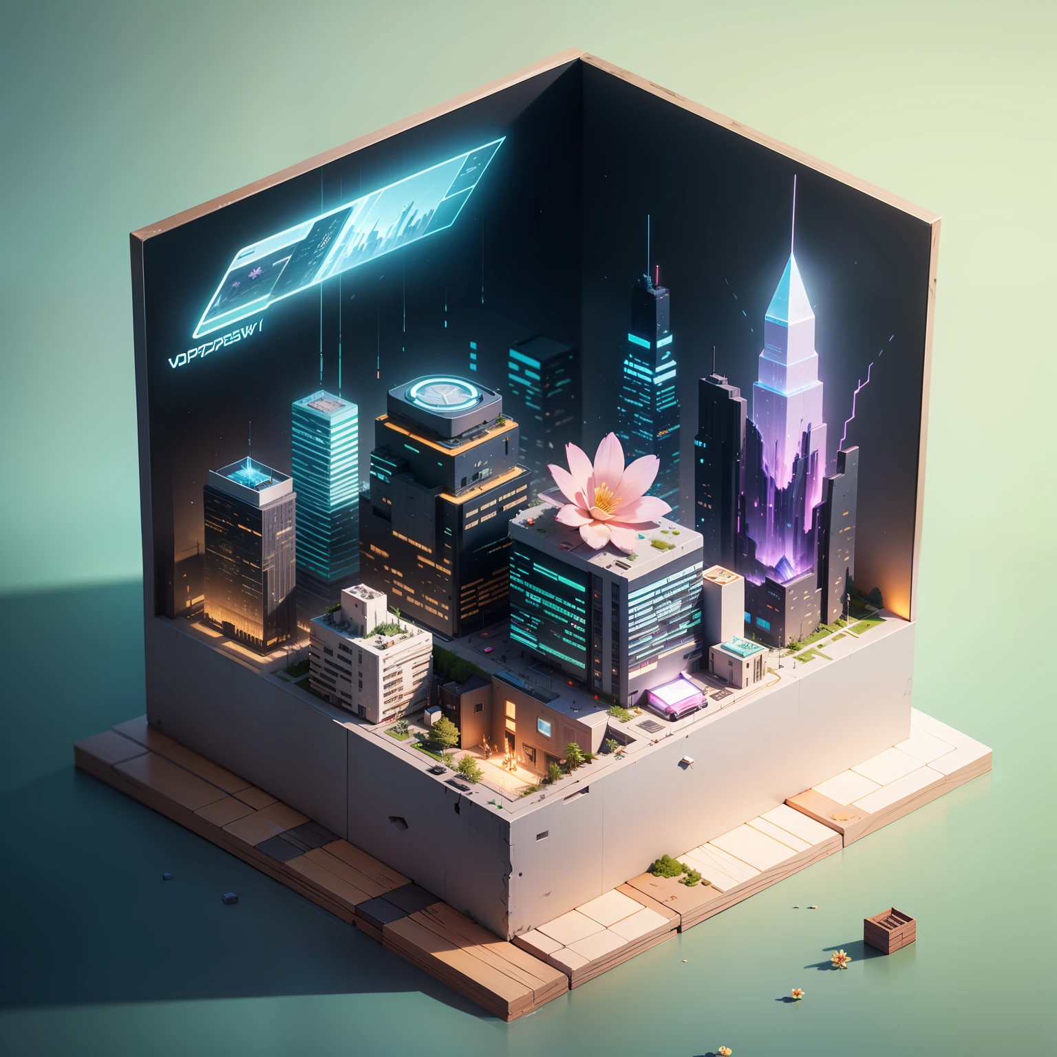 dskise, (isometric) , (flower), (vaporwave), isometric cutaway of a crystalized dilapidated city, cityscape, volumetric lighting ,FXAA, Chromatic Aberration, Concept Art, 8k Concept Art, Greg Rutowski, (unreal engine), octane render, dskise