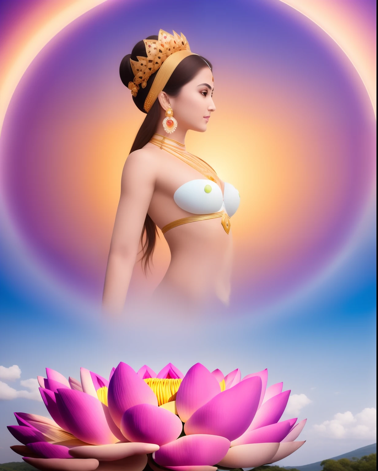 There is a beautiful goddess standing on a large lotus flower in the void,Perfect body posture,(Long curved eyebrows),Beautiful eyes sparkle,The large, Jewel-like eyes sparkle,Clear pupils have reflected light,二重まぶた,Lying silkworm,((Plump and rosy lips))Nipples clearly visible,((Flushed cheeks)),The mandible is plump,Fair skin is delicate and smooth,Delicate skin translucent,A delicate and dexterous crown,inlaid gemstones,Exquisite and ingenious,inlaid gemstones,Sitting on a light red lotus in the air,look straight at the camera,((Pinch the stem of the lotus flower with one hand)),(((nice hand))),((((Good feet))),(((good legs))),realisticlying,white skinned,((Correct body structure)),White clothing,decorated in white,baiyun,Blue sky,Head background with round light,Behind him is a colorful rainbow circle,Color glow is turned on,Front lighting,Positive light,No shadows on the face,There are no shadows on the body,Blue sky,Unreal space,ethereal world,dreamworld,with blue sky and white clouds,tmasterpiece,4K,ultra-definition,professional photoshooting,Perspective looks up,Standard lens shooting,