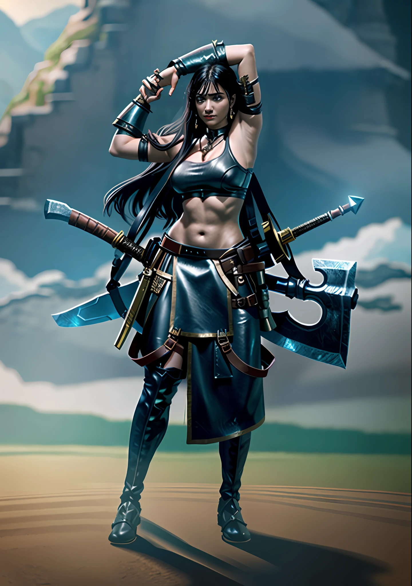 There was a woman with a sword and a leather skirt, north adult female warrior, barbarian class, north female warrior, female blacksmith, Kushatt Krenz Key Art Women, female barbarian, Cinematic footage，4k画质，Old metal，Cinematic footage，The background is next to the castle