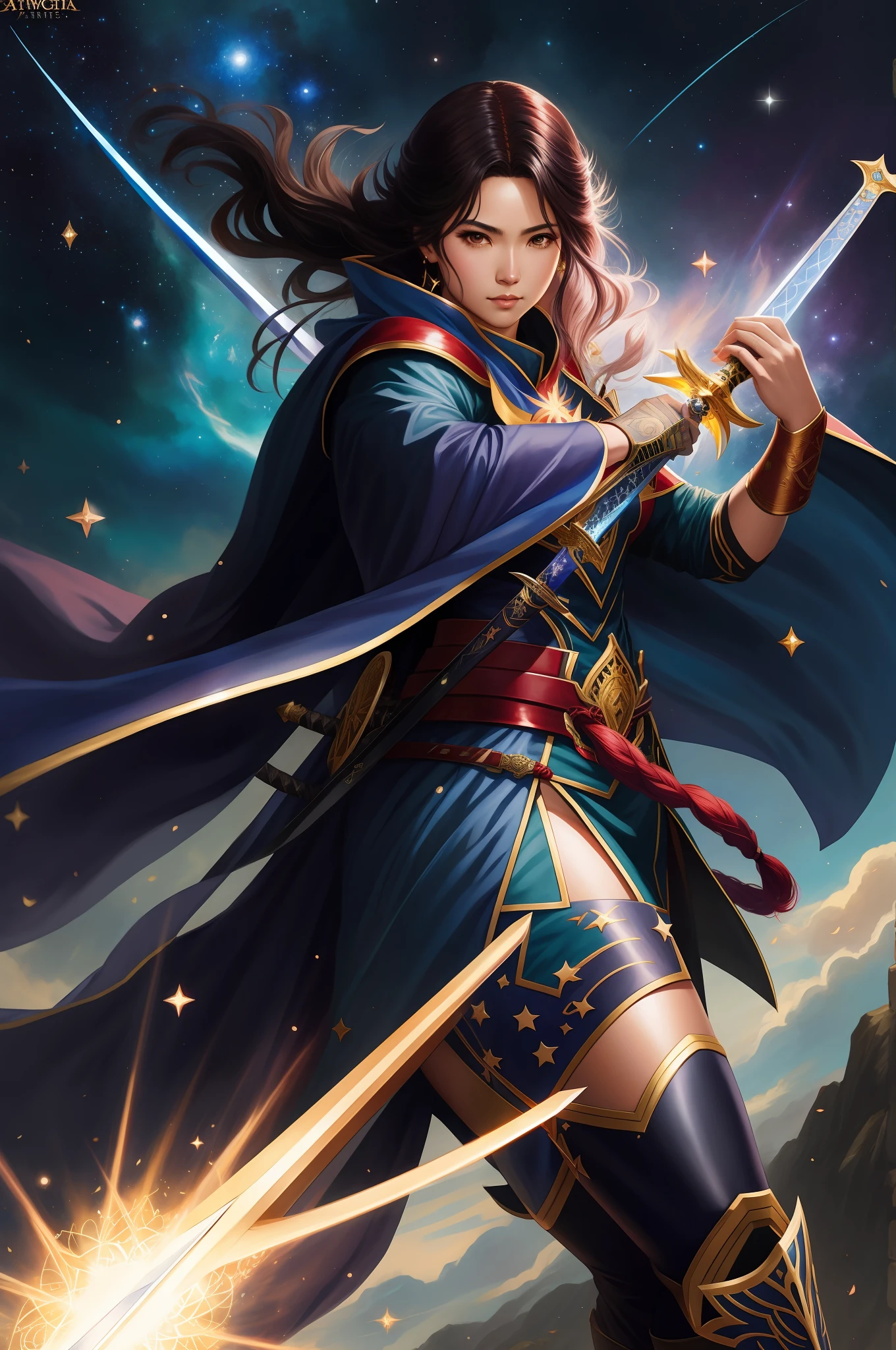 Anime character with sword and cape holding a sword in front of a starry sky, Preto - Mago Cabelo, Retrato de um mago feminino, mago feminino, por Yang J, Astri Lohne, Epic Character Wizard Girl, Artgerm e Ruan Jia, Mago Celestial Lindo, Artgerm extremamente detalhado, arte de splash do personagem, xianxia hero, mago