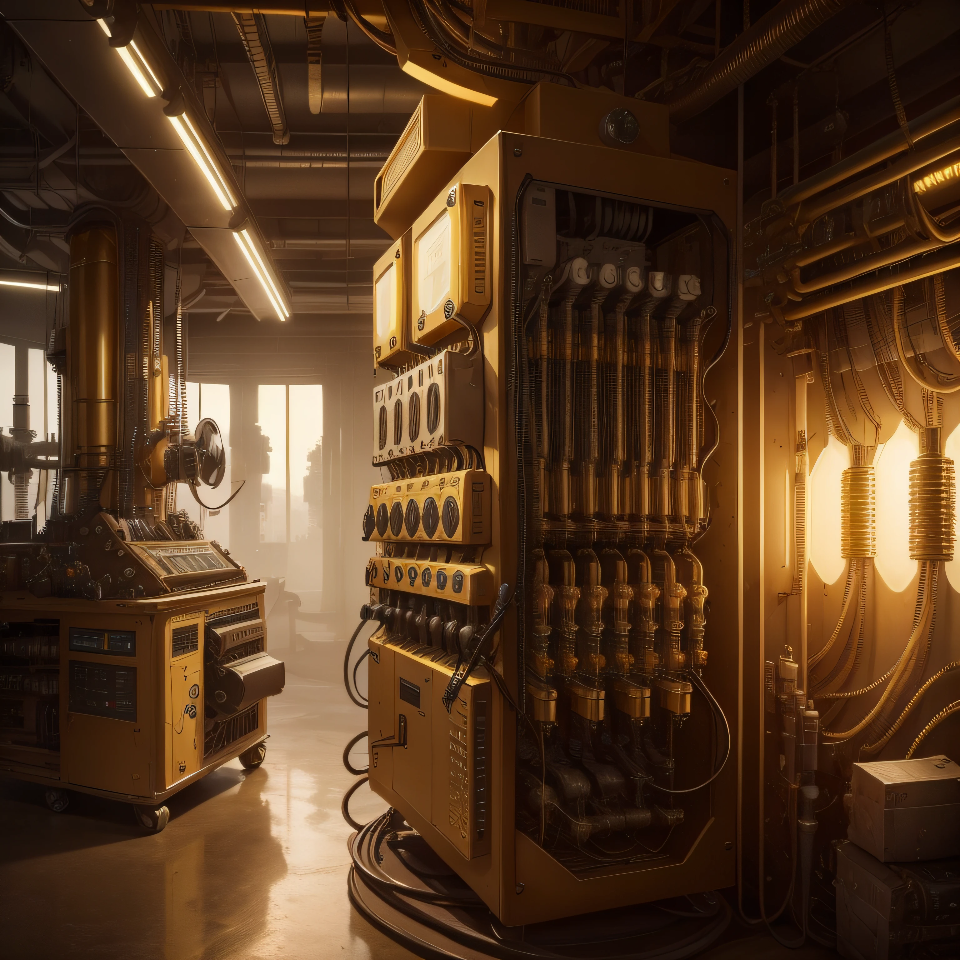 Golden Stampunk Machine, vapor, engranajes, cables, medidores, mecanismos