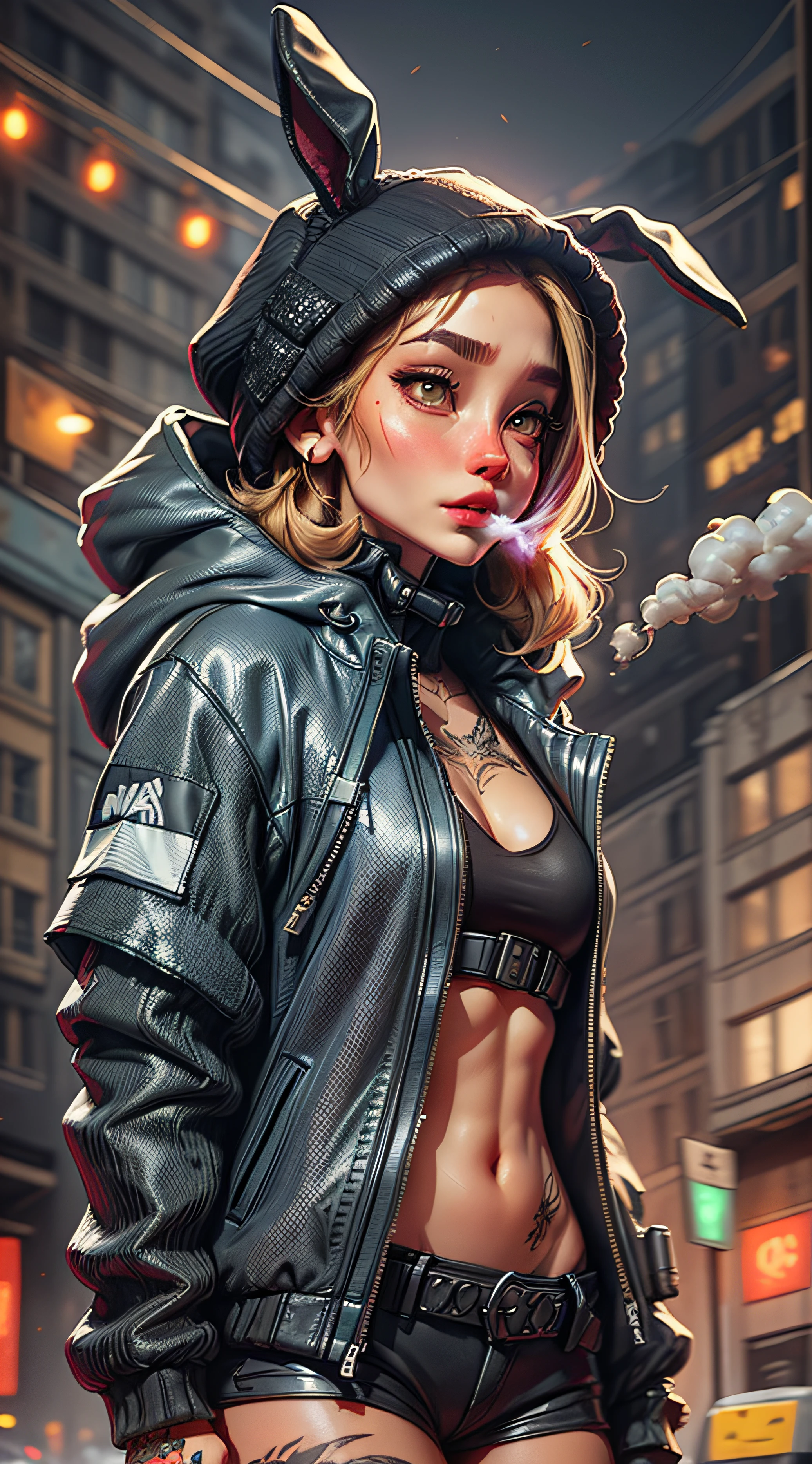 1Girl(techwear jacket,hood,neck tattoos and arm tattoos) in post-apocalypse world with a robot, ruined city, smoke, fog, lights, bunny ears