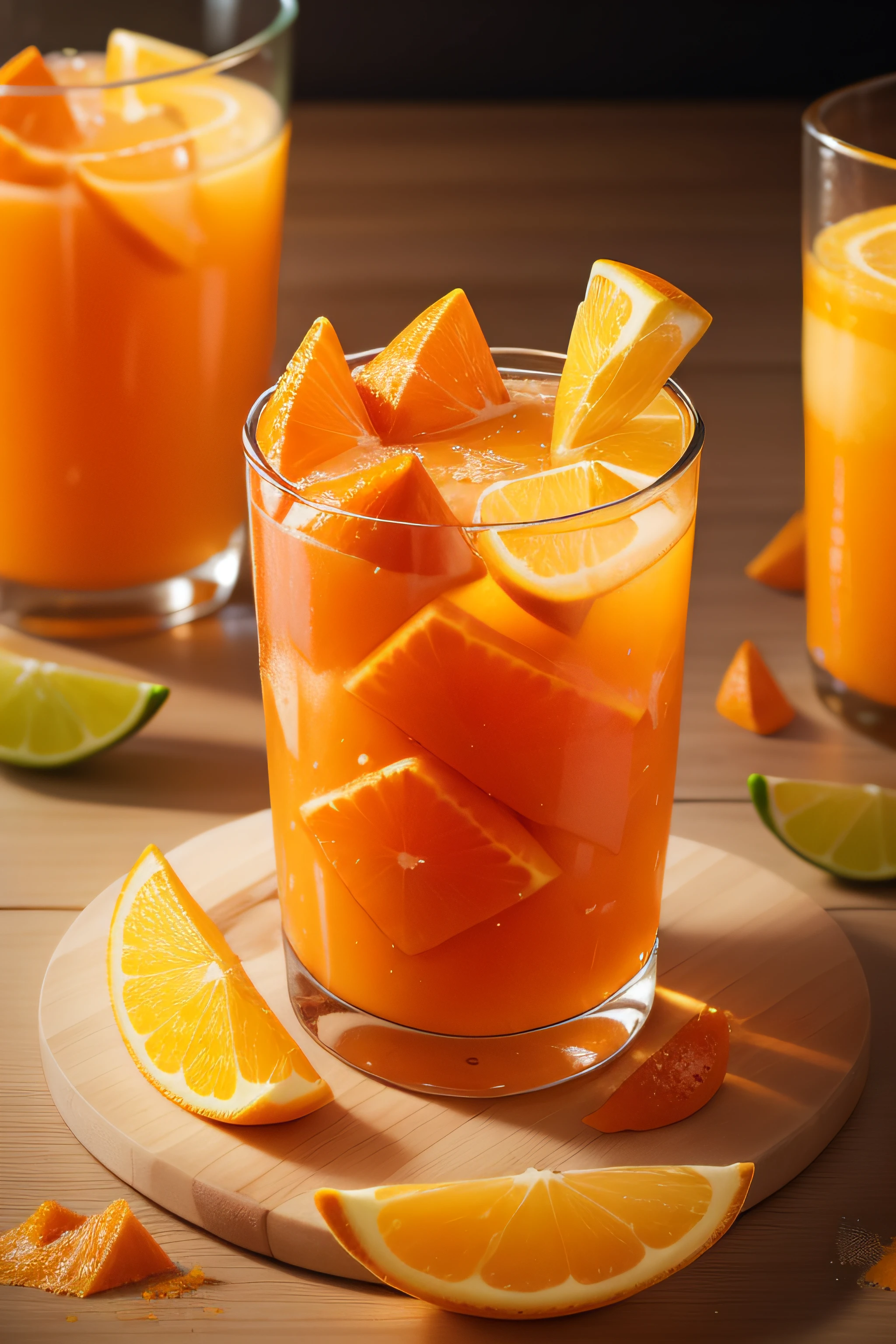 imagem realista de um copo de suco de laranja com cubos de gelo