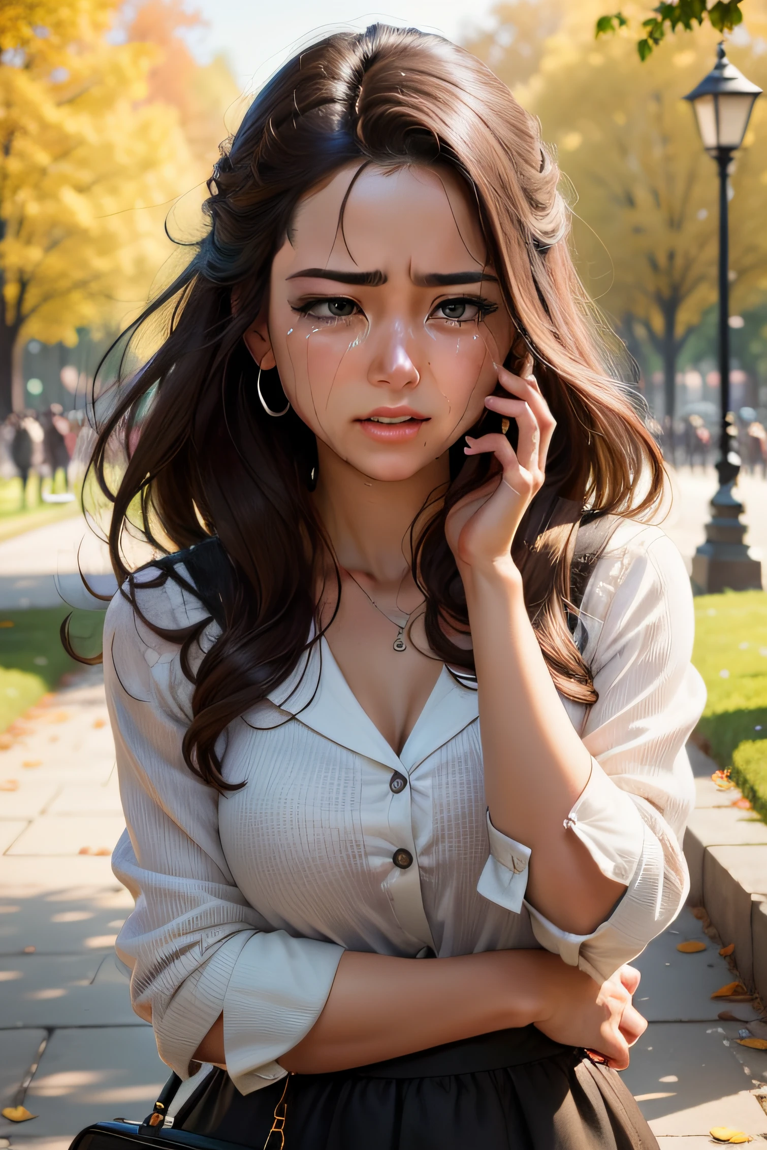beautiful woman crying in the park, well dressed, in the pit by the end of the relationship