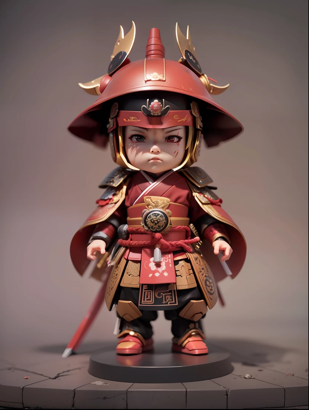 (Blind box toy style:1.2), (Full body shot) , 1 Plastic Japanese samurai old man ,Red samurai armor, Battle damage samurai helmet:1.2,(circular base), Japanese samurai style, dreamy glow, Dirty, Brown undertone, Battle damage style( Global illumination, Ray traching, hdr, unreal render,reasonable design, high detal, Masterpiece, Best quality, hyper HD, Cinematic lighting)