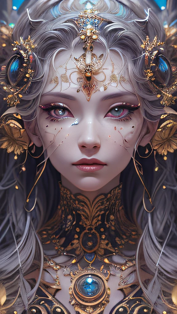 (best qualtiy,ultra - detailed,Most Best Illustration,Best Shadow,tmasterpiece,hight resolution,professionalartwork,famousartwork),Detailed eyes,beautidful eyes,closeup cleavage,sci-fy,colored sclera,Robotic eyes,face markings,tattooed,(fractalized,Fractal Eye),largeeyes,wide eyes,(Eye focus),sface focus,the eye of the universe,Close up of metal sculpture of woman with moon in hair,goddes。extremely high detail,goddess portrait,Highly detailed footage of the goddess,a stunning portrait of a goddess,Side image of the goddess,portrait of a beautiful goddess,(((Full body close-up of goddess))),Goddess of Hecate,portrait of a norse moon goddess,goddess of space and time、((masterpiece、top-quality、ultra-definition、hight resolution))、4K picture quality、