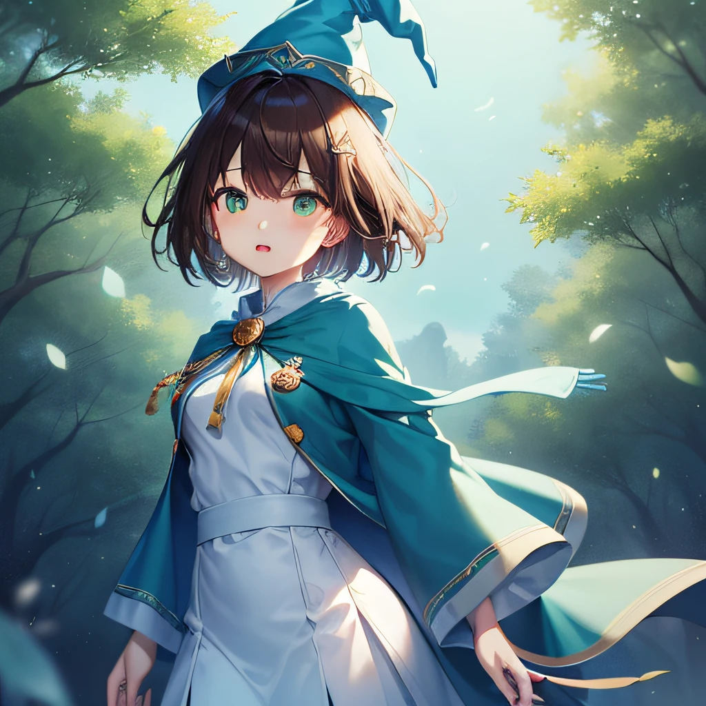 top-quality、extremely delicate and beautiful、((A teenage girl))、Green eyes、Small breasts、Short hair、Brown hair mixed in、Short hair、(Green Wizard Hat)、(a large blue ribbon on the head)Soio、Green clothing、long-sleeve、Red brooch on the neck、((Blue wizard robe dressed in green))、Standing