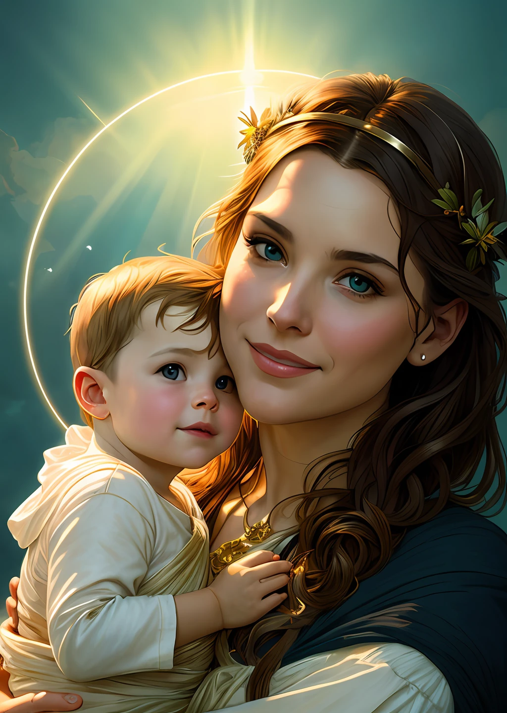 masterpiece, woman and , holy virgin mary with littlin her arms, ((halo over head)), smiling, heavenly sky, half body, ((divine light)), ethereal, clouds, back lighting, realistic portrait, symmetrical, strong, intricate drawing, highly detailed, digital painting, art station, concept art, fluid, sharp focus, illustration, against heaven's gate, cinematic lighting, works by artgerm and greg rutkowski and alphonse mucha