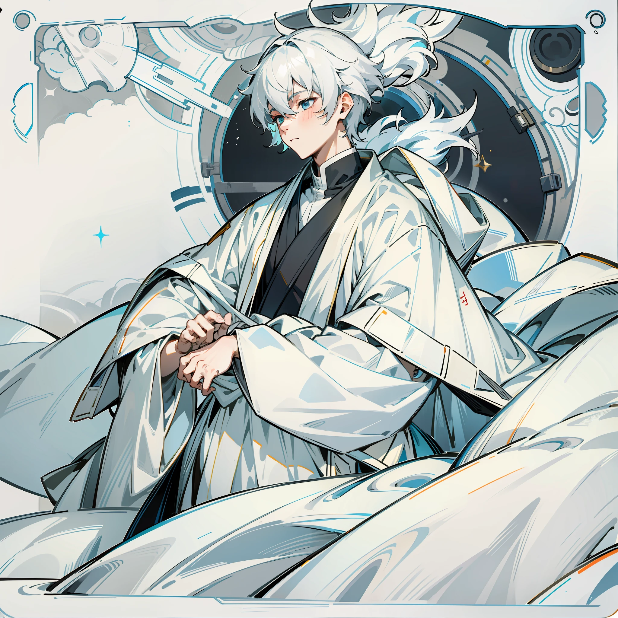 ung boy,White hair,The expression is calm,full bodyesbian,sideface,Gray-white robe,The background is empty,adolable