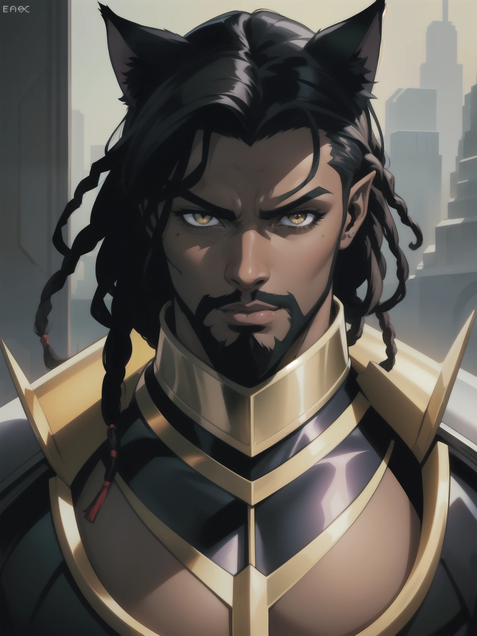 Portrait, Masterpiece, Excellent, 1boy, solo, complex details, color diffusion, comic book, anime, Marvel, DC, close-up, King, dark skin, ebony, brown skin, dark-skinned male, older male, dark hair, black hair, dreadlocks, beard, amber eyes, feline ears, epic attire, black attire, Knight, badass, trending, demon lord, anti-hero, royalty