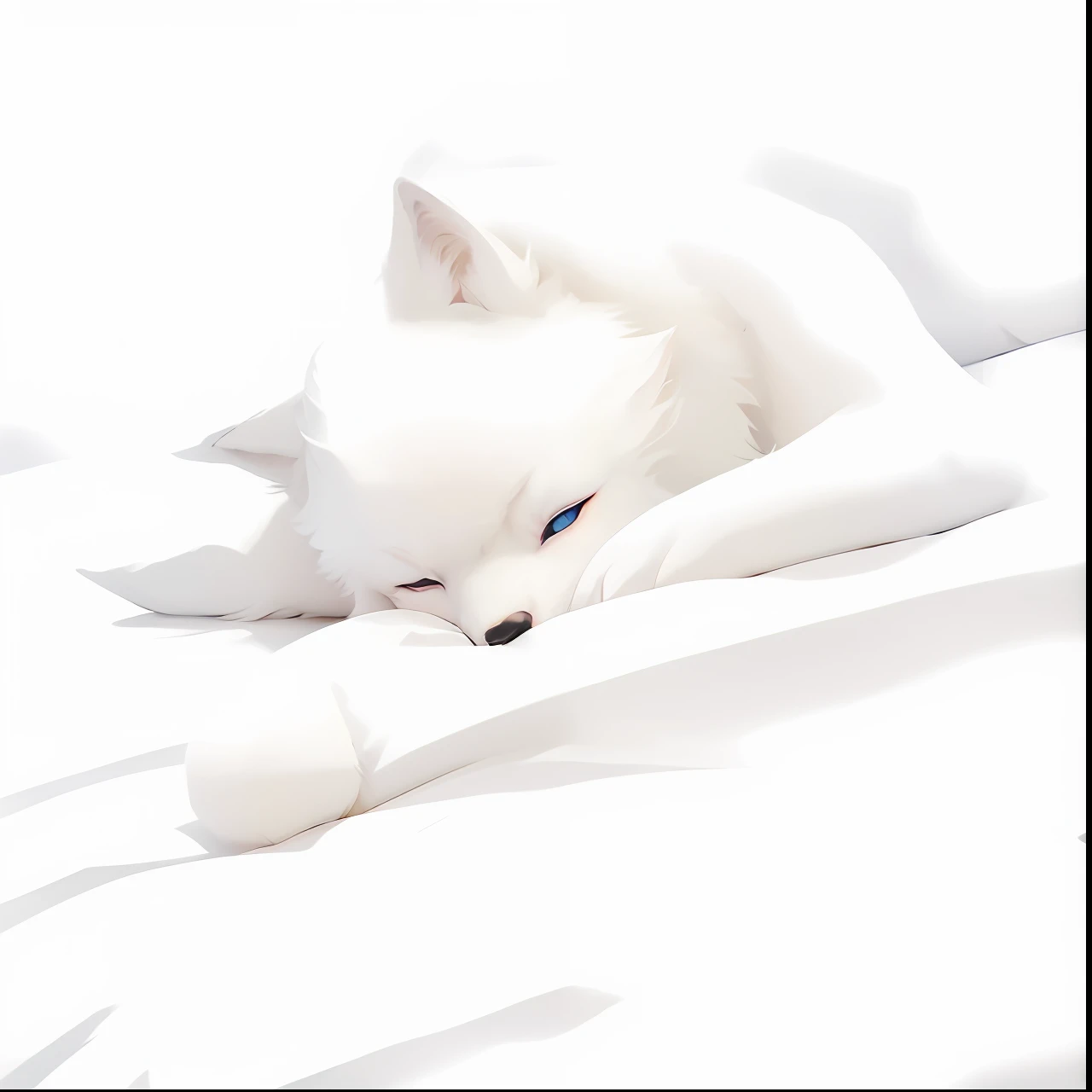 On the soft bed lay a white dog，The bed was covered with white sheets, White fox, white fox anime, White-haired fox, Vampire White Fox, ethereal fox, Soft anime illustration, White wolf, very very beautiful furry art, A white wolf, soft digital painting, White fur, white wolf with blue eyes, lovely digital painting, furry wolf, furry digital art，The eyes do not change