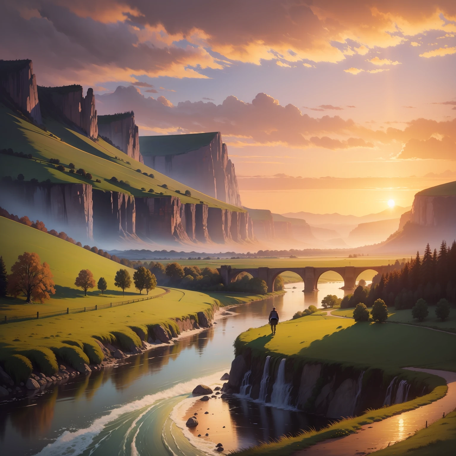 painting of a sunset scene with a couple walking along a river, romantic landscape, romanticism landscape painting, mystical scene, inspired by Van Gogh,european landscape, fantasy landscape, fantasy scene, sunset in a valley,