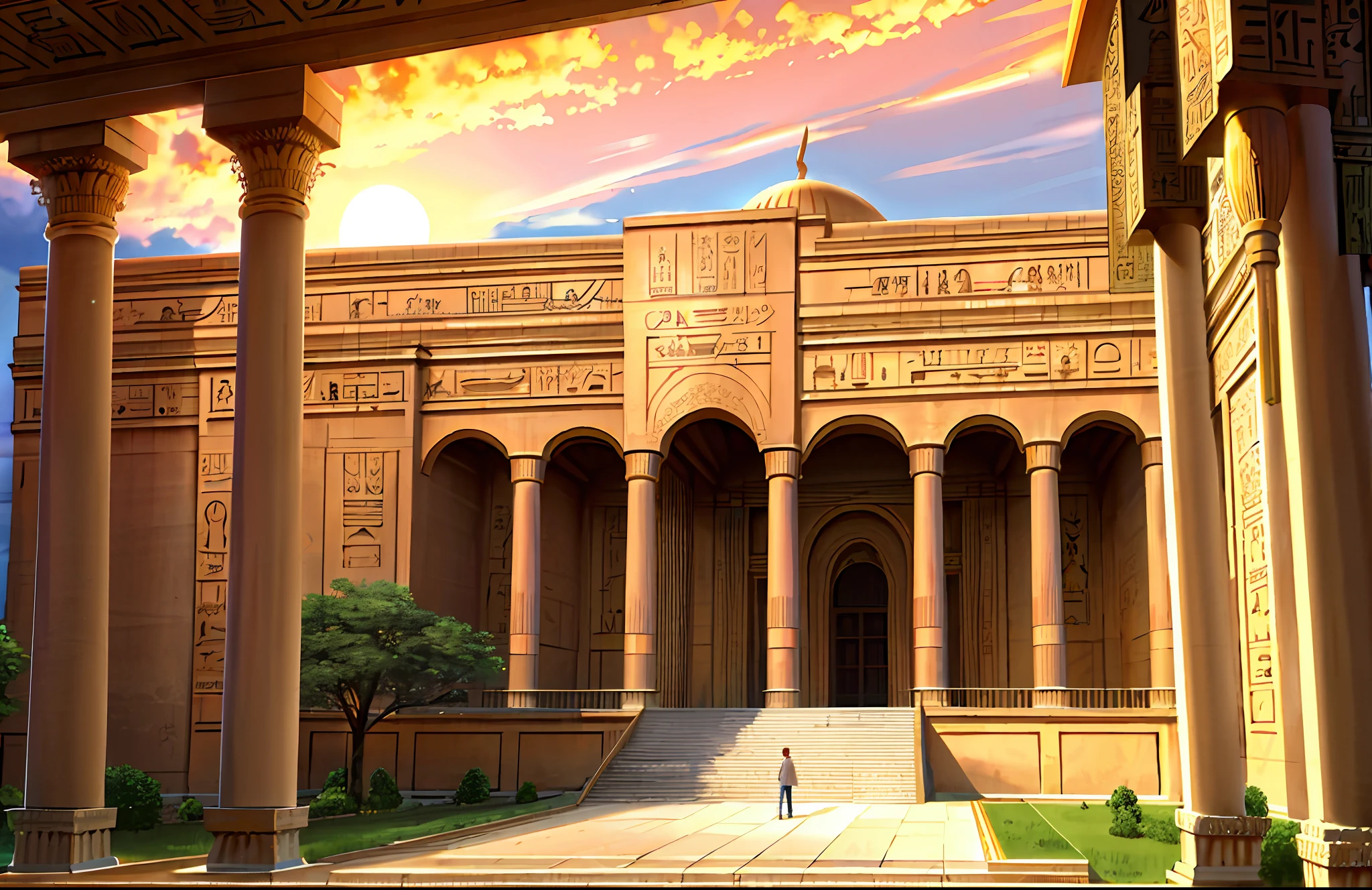 Magnificent ancient Egyptian-style temple,Ancient Egyptian palace,Royal Palace of Ancient Egypt,a throne,Nile River,setting sun,epic sense,Sense of grandeur