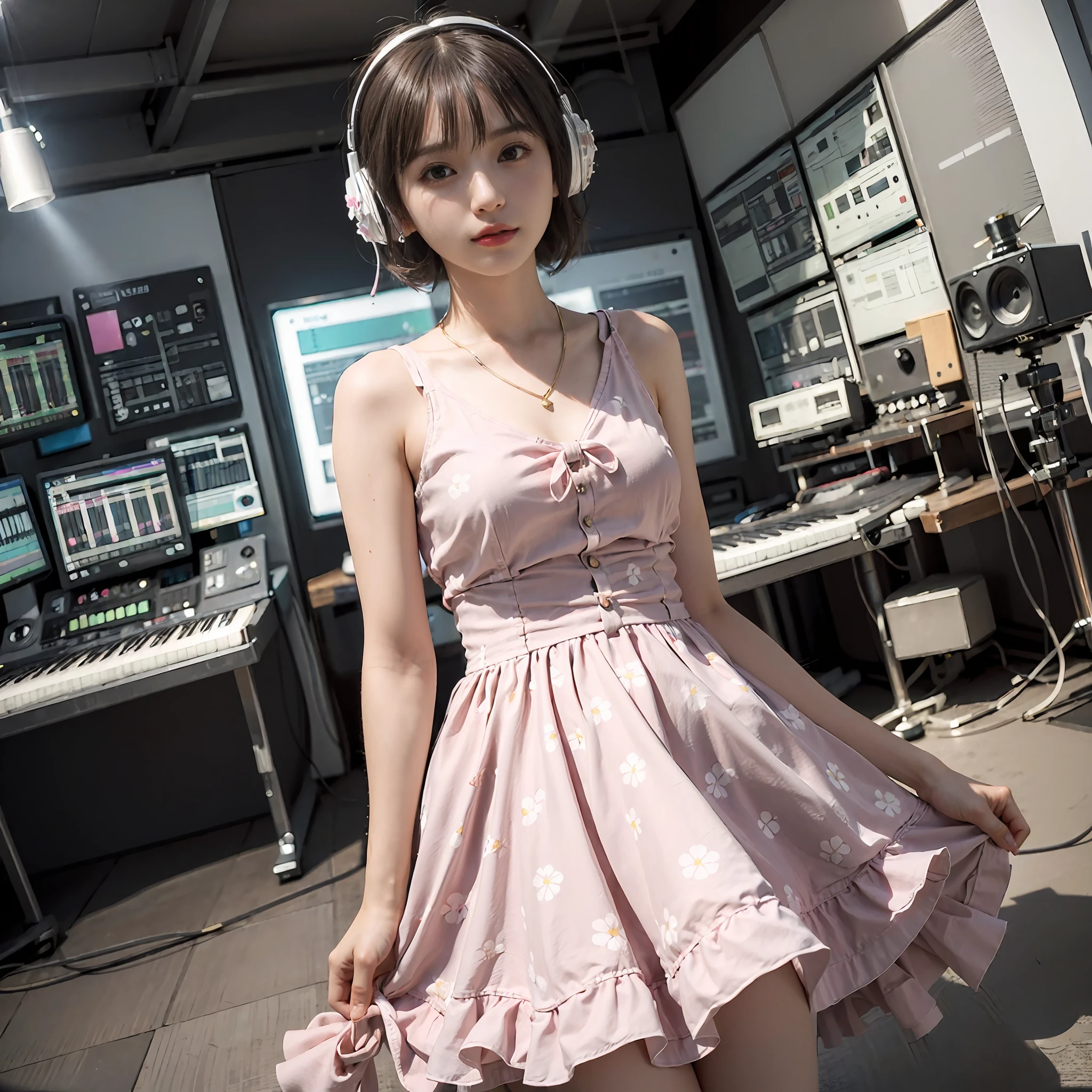 Best Quality, masutepiece, (Photorealistic:2), Ultra High Resolution, Highly detailed, A hyper-realistic, 1girl in, ((head phone)), (Longer dress), Floral pattern, colourfull_hair、(((very_Short_hair))), Short hair, Slim body, Full Shot, Looking at Viewer, ((Music Studio)),  Bright atmosphere, spot light, Detailed background