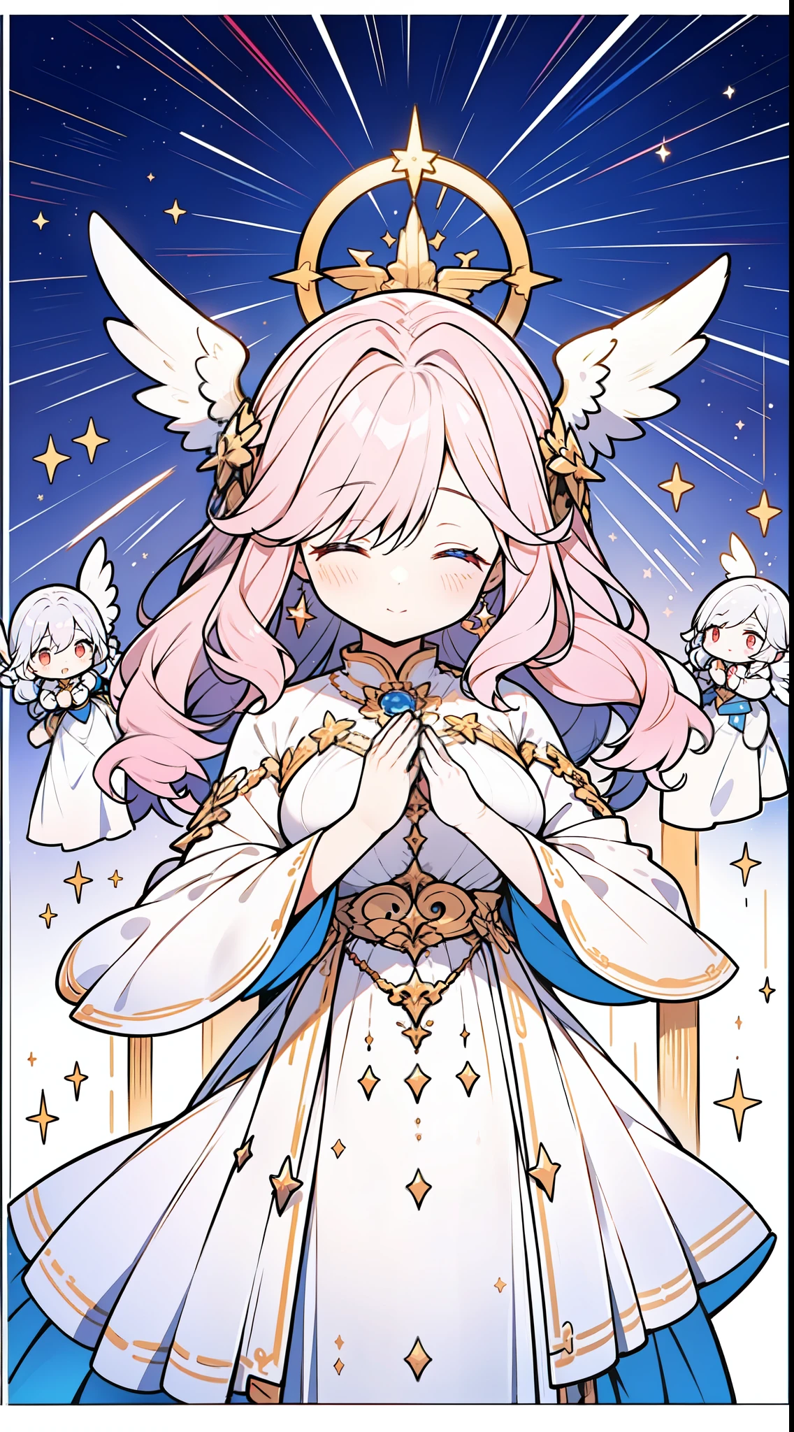 a goddess frolicking in the sky playing with the clouds and stars, night sky, but she has a halo of light around her. the picture is surrounded by cute angels and cherubs, pink and white colors, contrasting by the dark blue sky