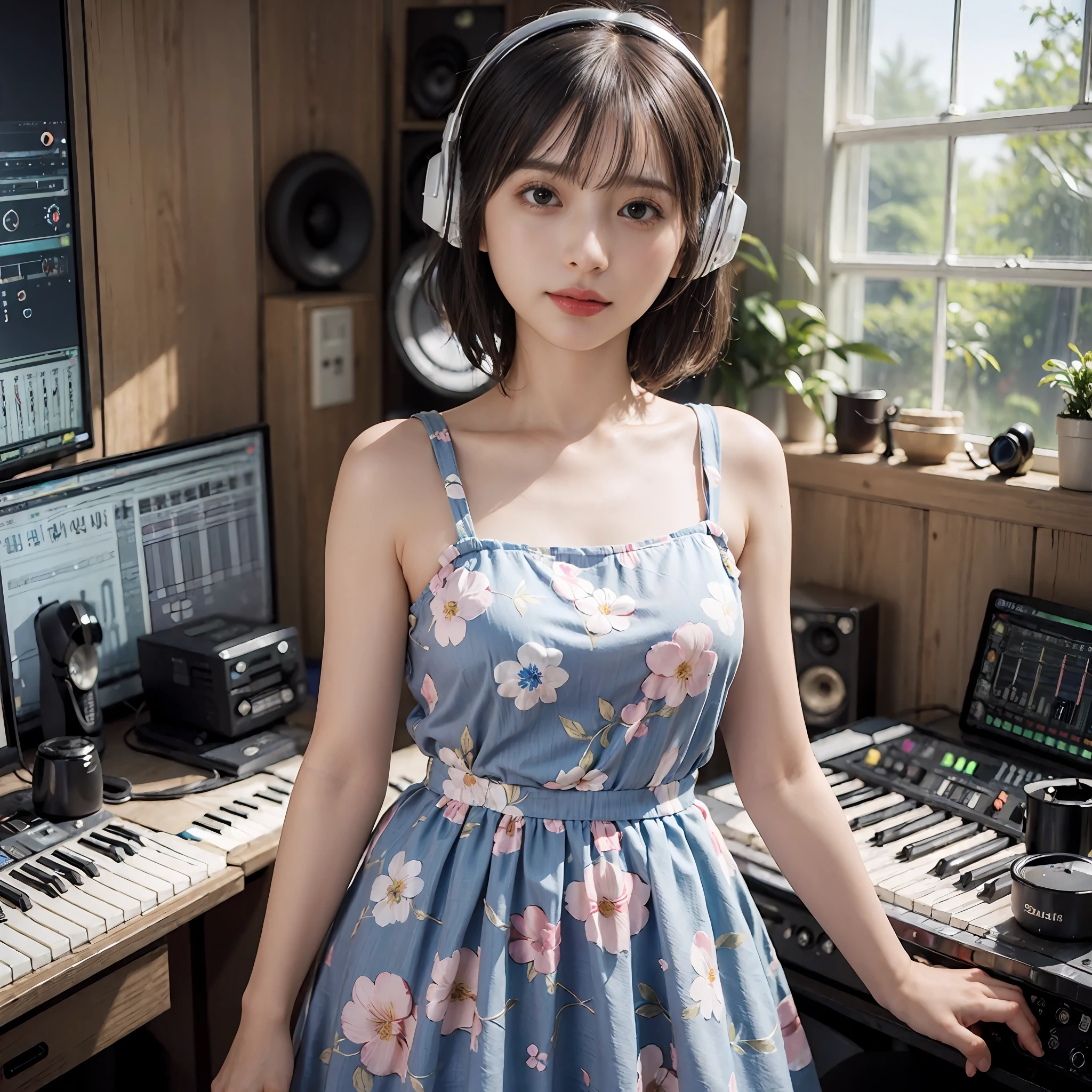 Best Quality, masutepiece, (Photorealistic:2), Ultra High Resolution, Highly detailed, A hyper-realistic, 1girl in, ((head phone)), (Longer dress), Floral pattern, colourfull_hair、(((very_Short_hair))), Short hair, Slim body, Full Shot, Looking at Viewer, ((Music Studio)), Bright atmosphere, spot light, Detailed background