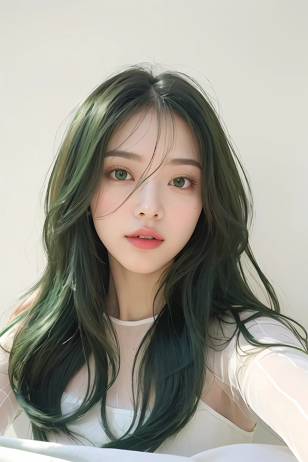 (extra detailed body、extra detailed face、best qualtiy:1.2)、femele、looking at the viewers、(See-through tops、lying back on、Raking up your hair)、(White wall on background、Emerald green bed:1.4)